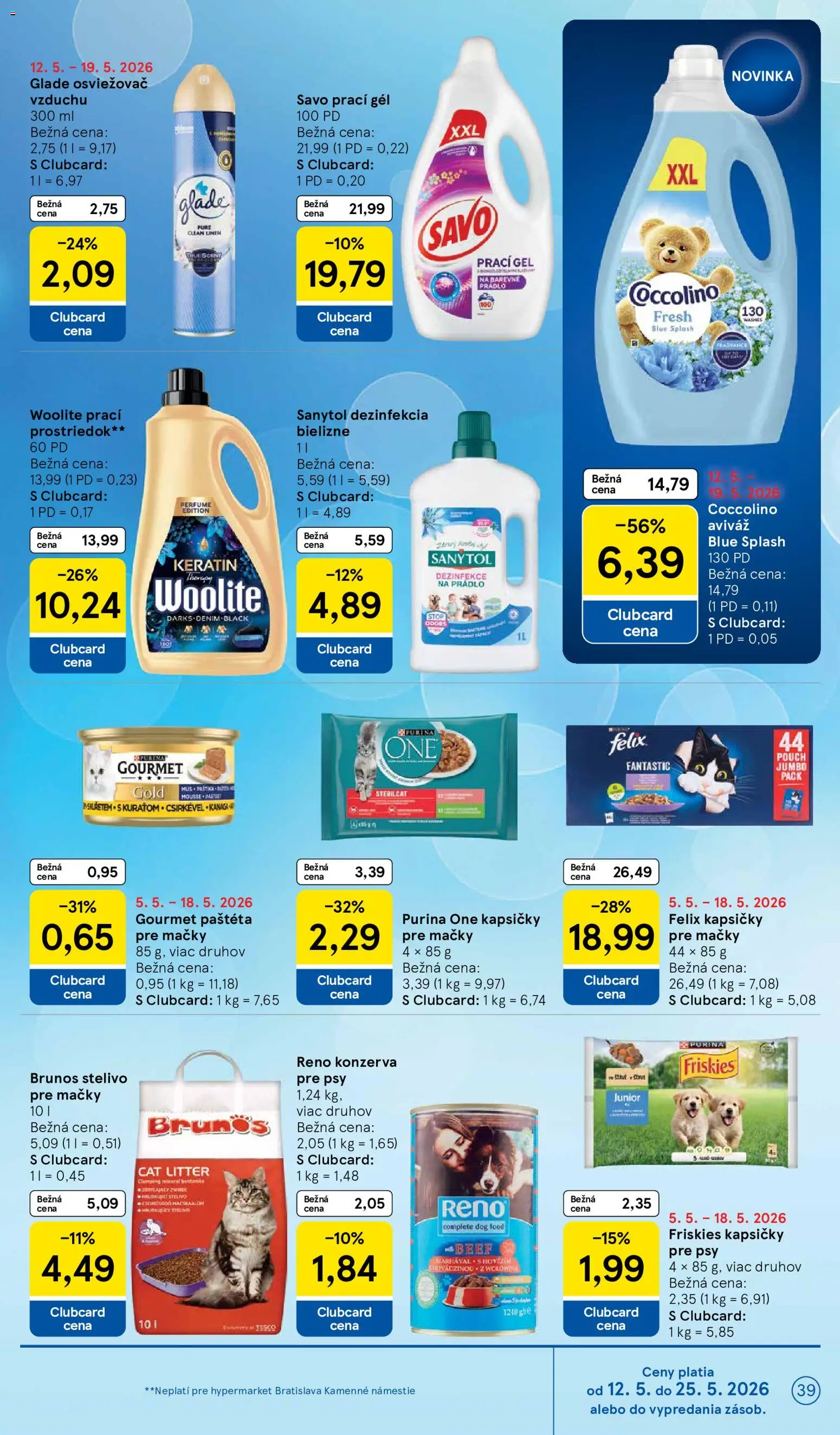 Nové Tesco akcie – leták je platný od 13.05.2026 | Strana: 39 | Produkty: Osviežovač vzduchu, Friskies, Aviváž, Coccolino