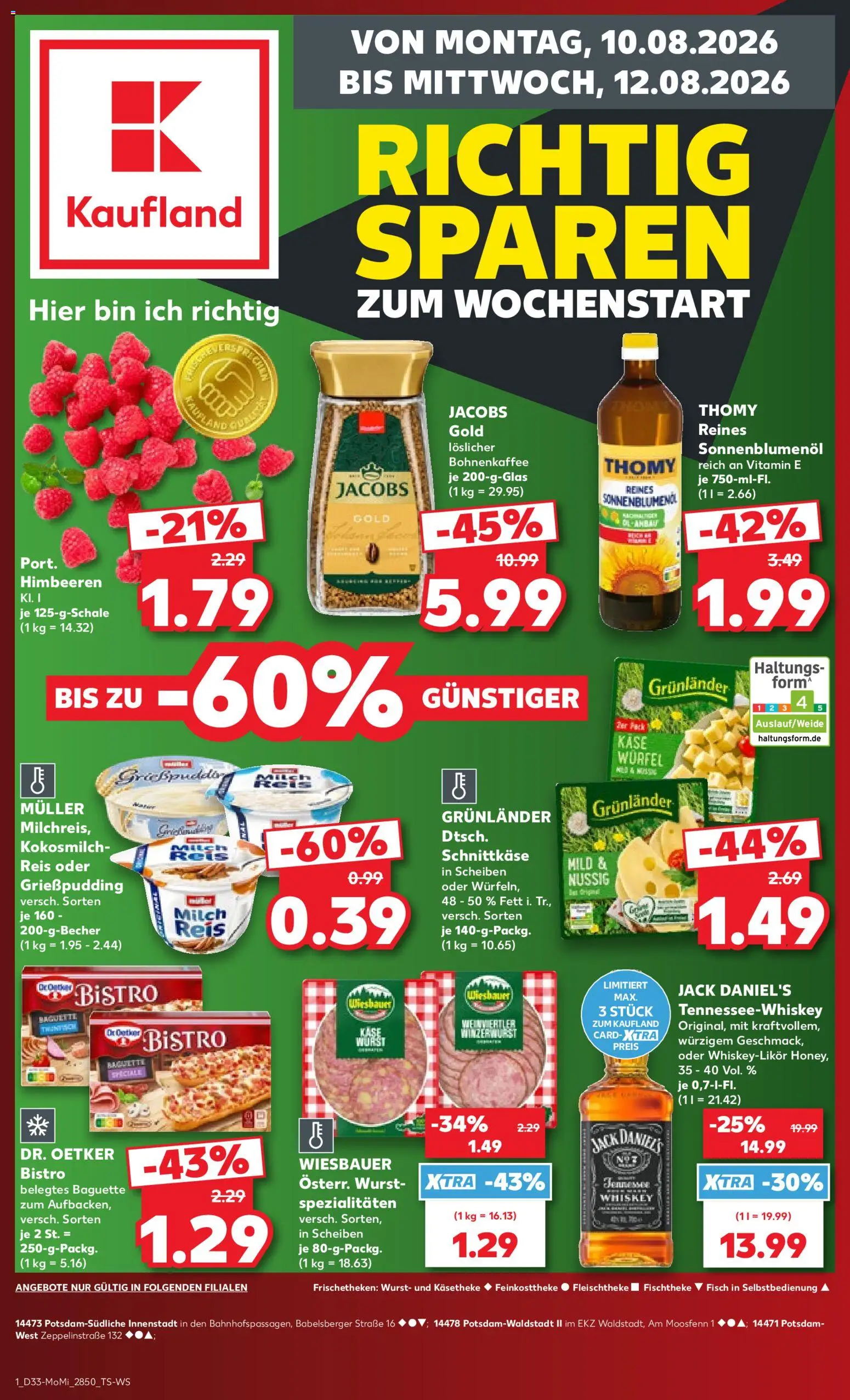 Kaufland Německo leták - Postdam od 10.08.2026 | Strana: 1 | Produkty: Whiskey, Forma, Jacobs, Jack Daniel’s