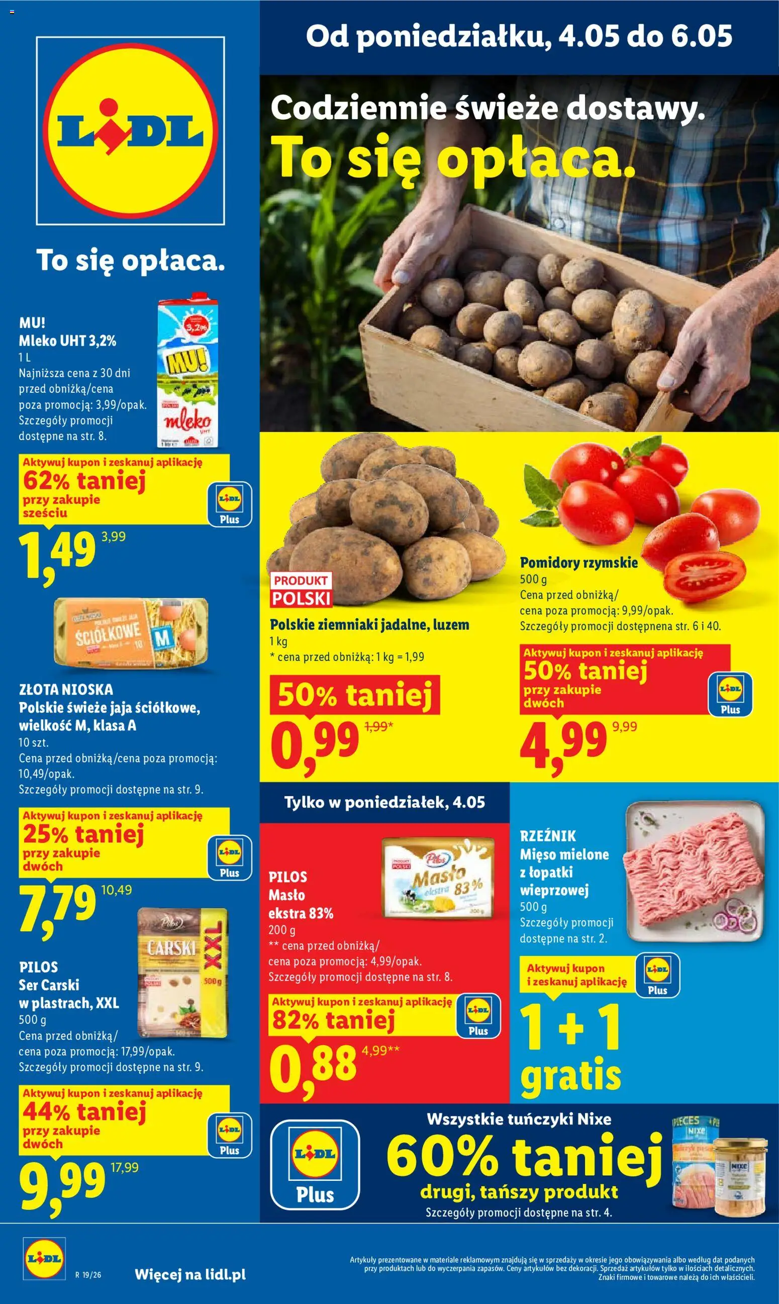 Lidl gazetka od 04.05.2026 | Strona: 1 | Produkty: Mięso mielone, Ser, Pomidory, Jaja