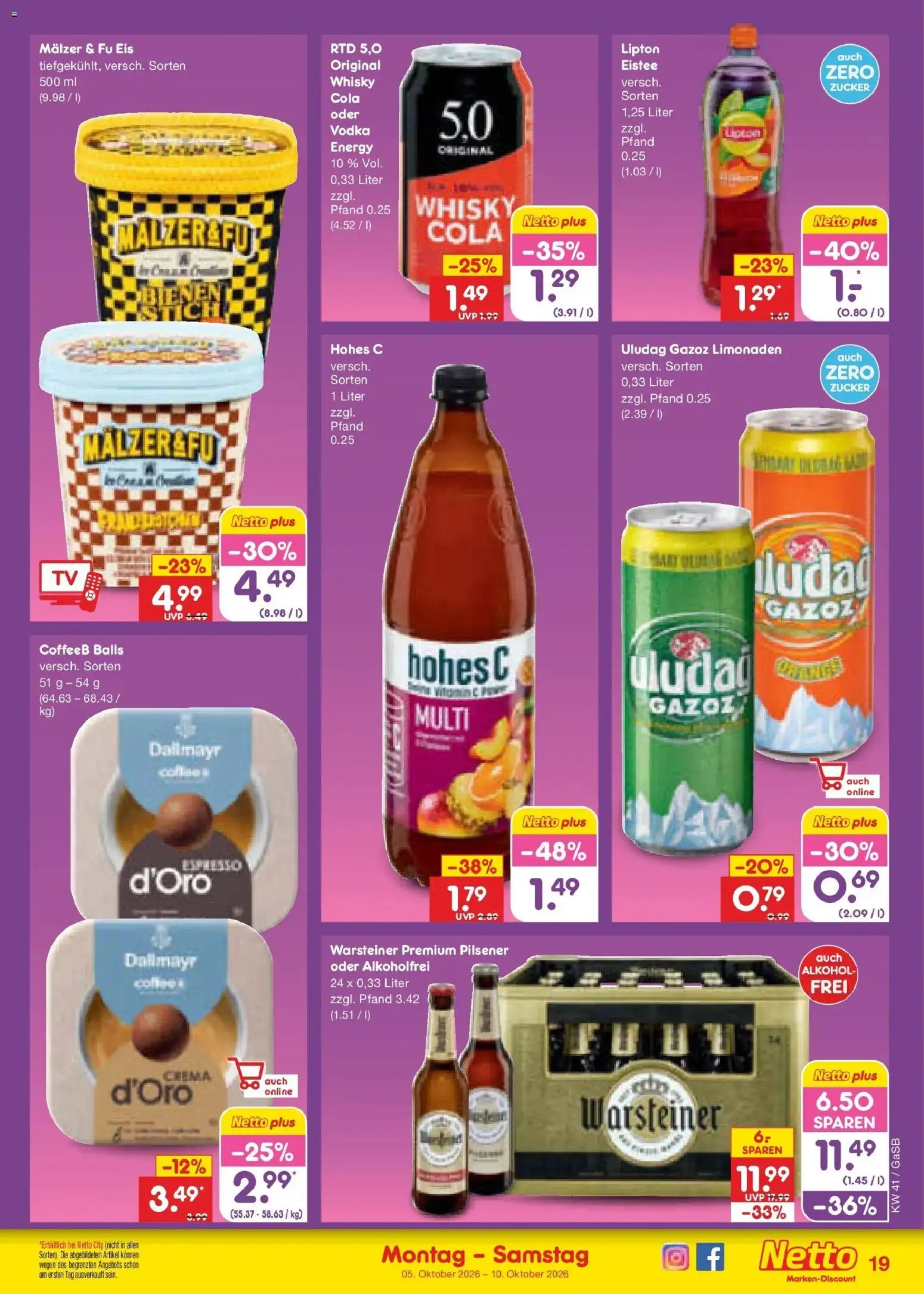 Netto Marken-Discount Prospekt Oldenburg (ab 05.10.2026) » Angebote | Seite: 19 | Produkte: Alkohol, Warsteiner, Hohes c, Eis