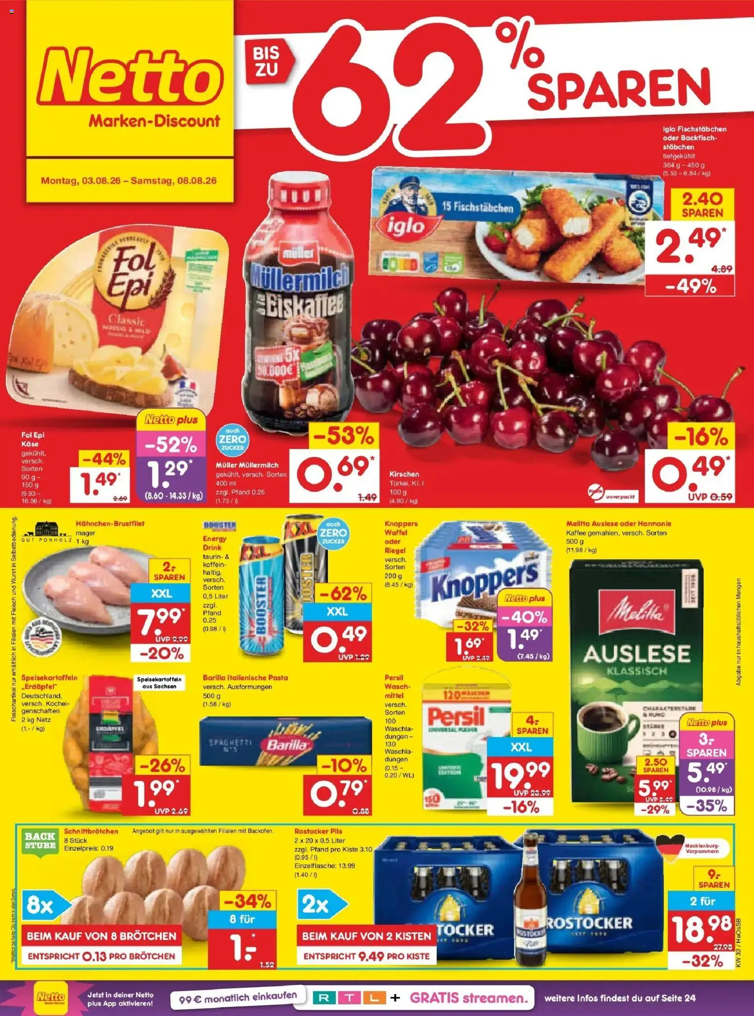 Netto Marken-Discount Prospekt Rostock – gültig ab 03.08.2026 | Seite: 1 | Produkte: Fischstabchen, Backofen, Müllermilch, Muller mullermilch