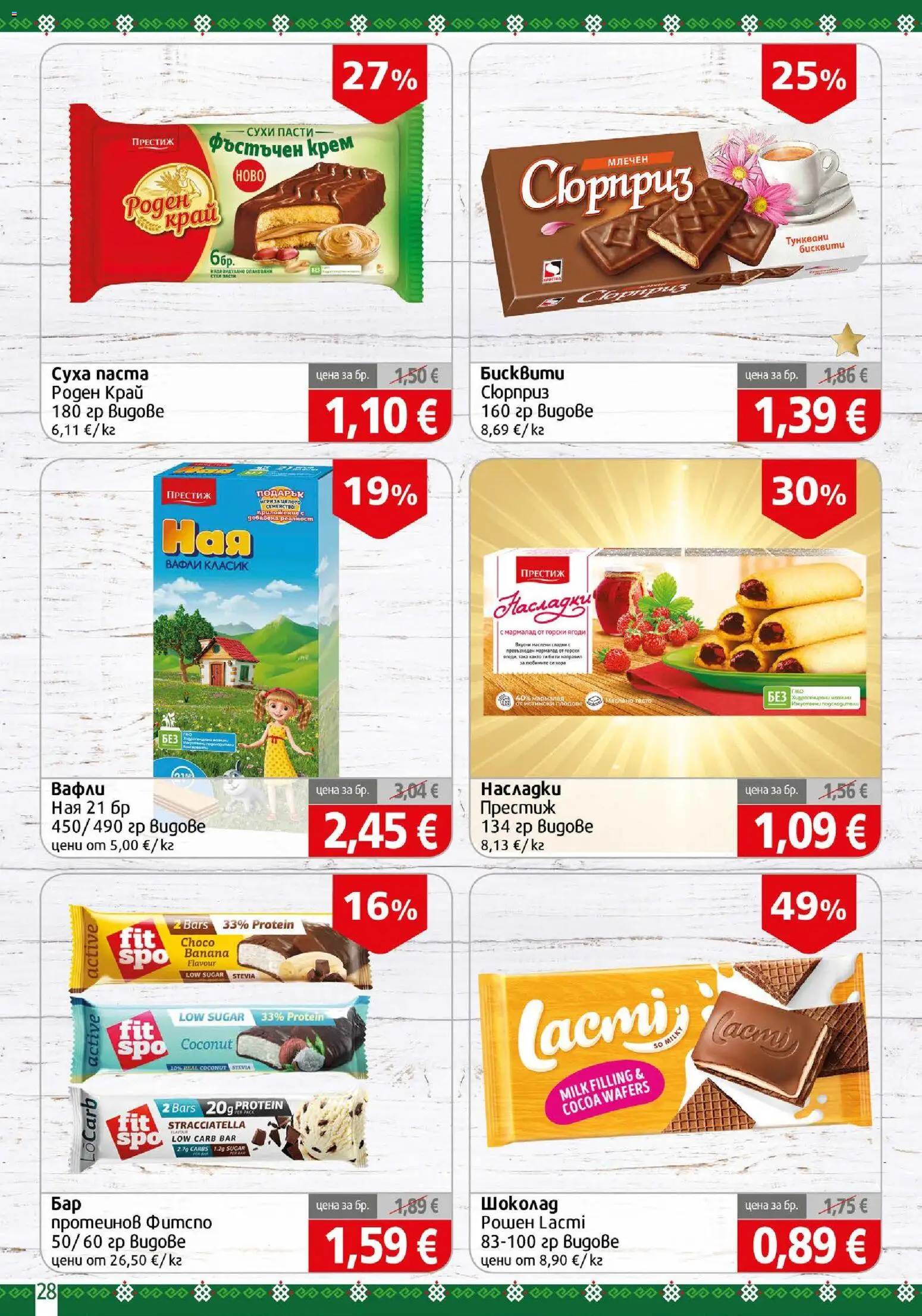 {H1} | Страница: 28 | Продукти: Шоколад, Ягоди, Плодове, Вафли