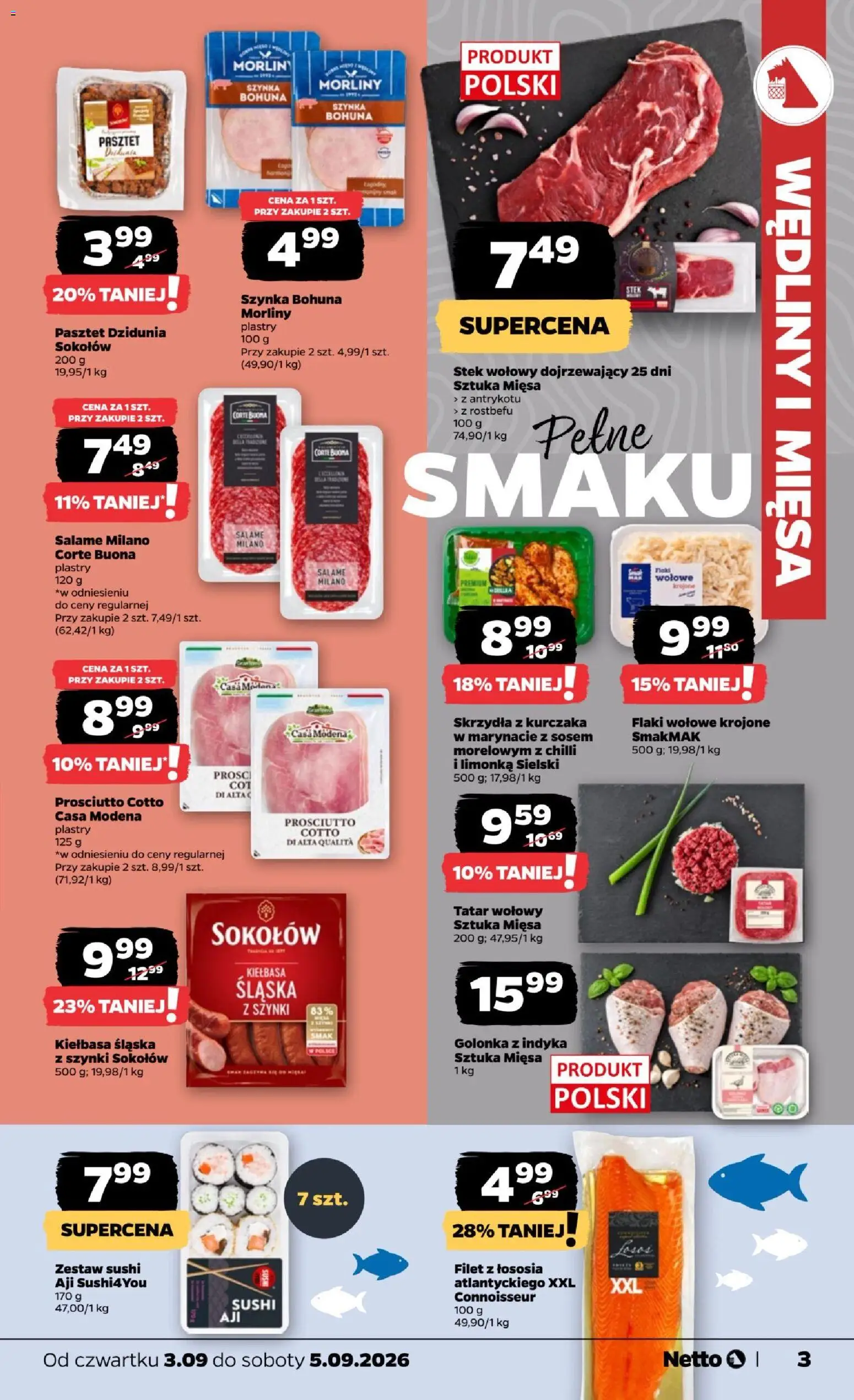 Netto gazetka od czwartku od 03.09.2026 | Strona: 3 | Produkty: Stek, Pasztet, Sushi, Stek wołowy
