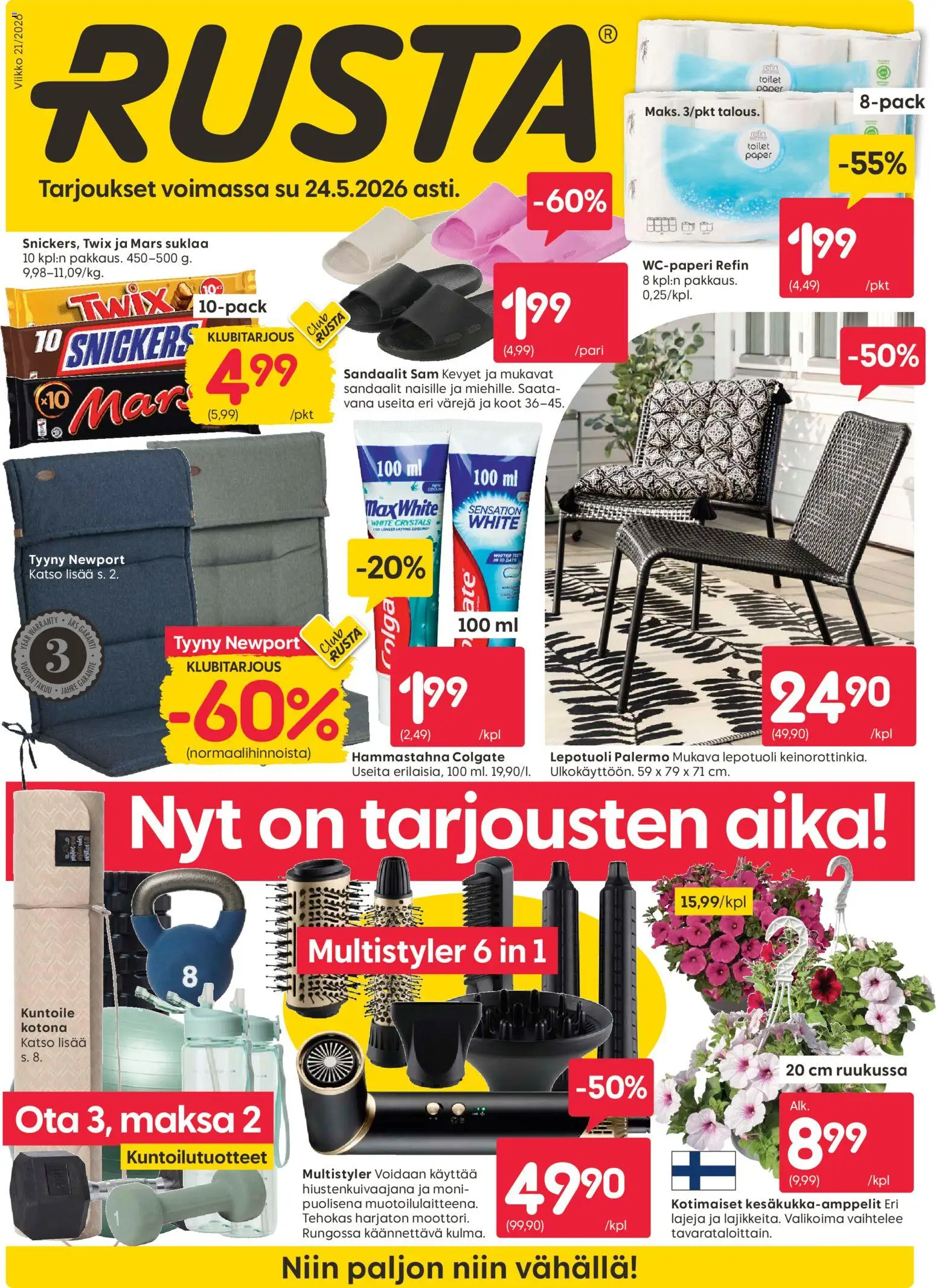 Rusta tarjoukset – voimassa 18.05.2026 alkaen | Sivu: 1 | Tuotteet: Lepotuoli, Hammastahna, Tyyny, Sandaalit
