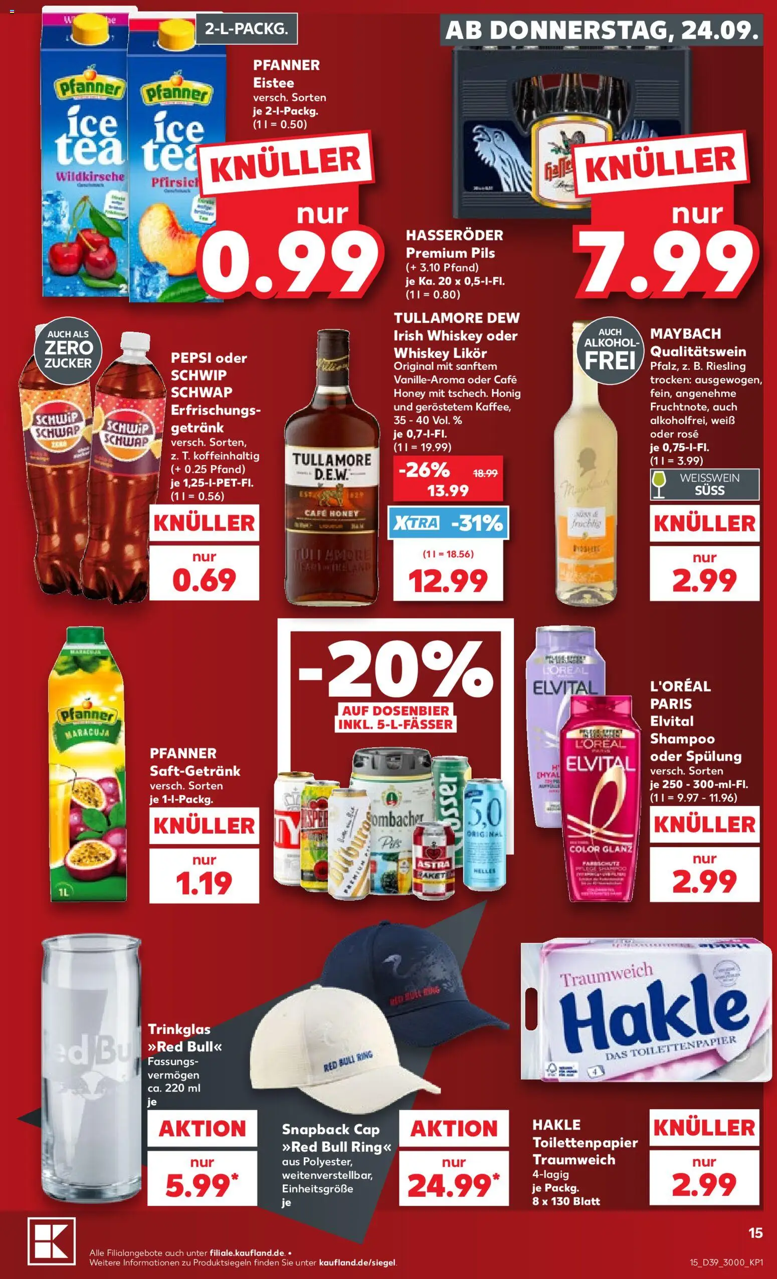 Kaufland Německo leták od 24.09.2026 | Strana: 15 | Produkty: Whiskey, Red Bull, Riesling, Tullamore Dew