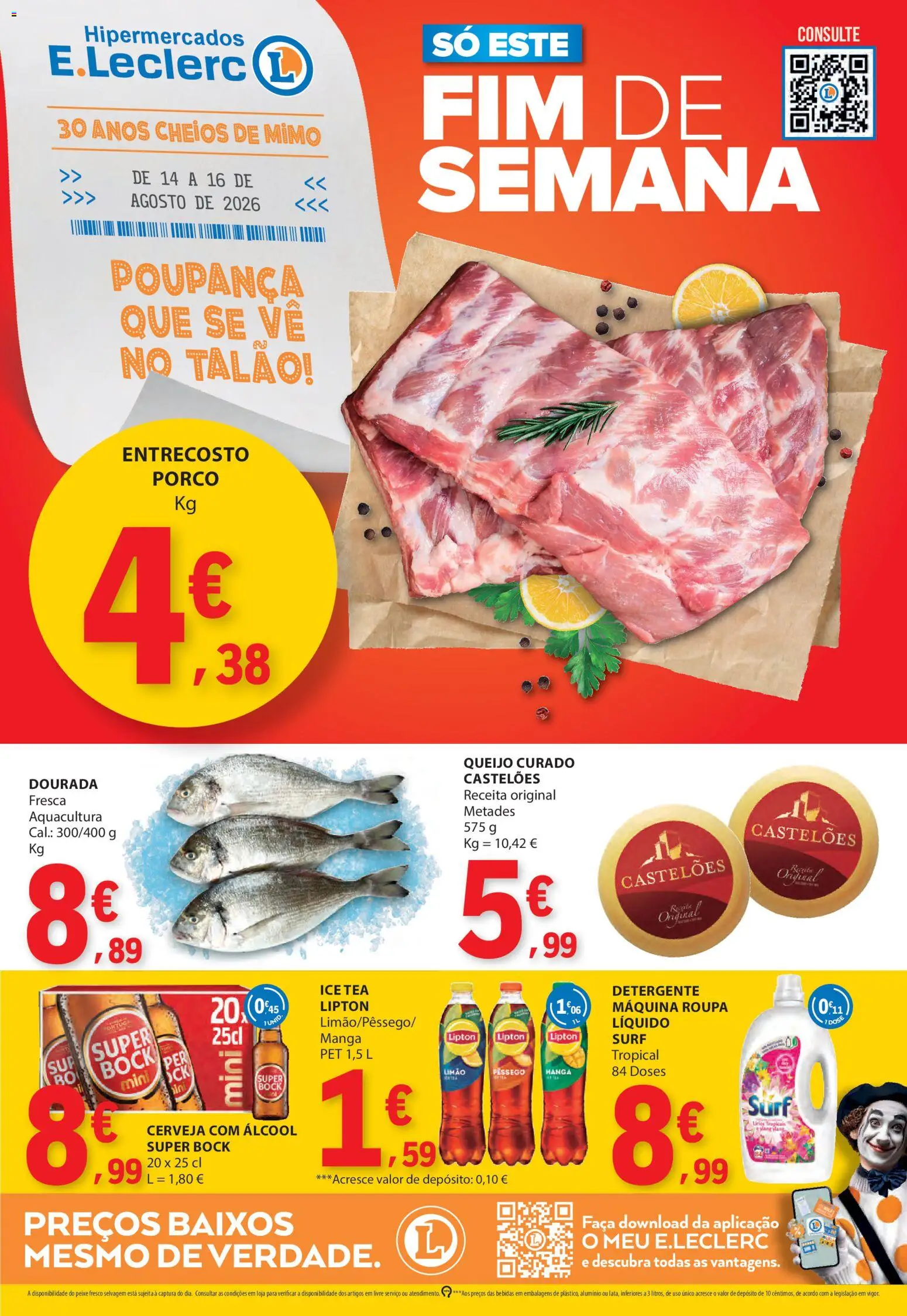 E.Leclerc Catálogo Fim de Semana │ válido de 14/08/2026 | Página: 1 | Produtos: Super bock, Bebidas, Queijo curado, Peixe