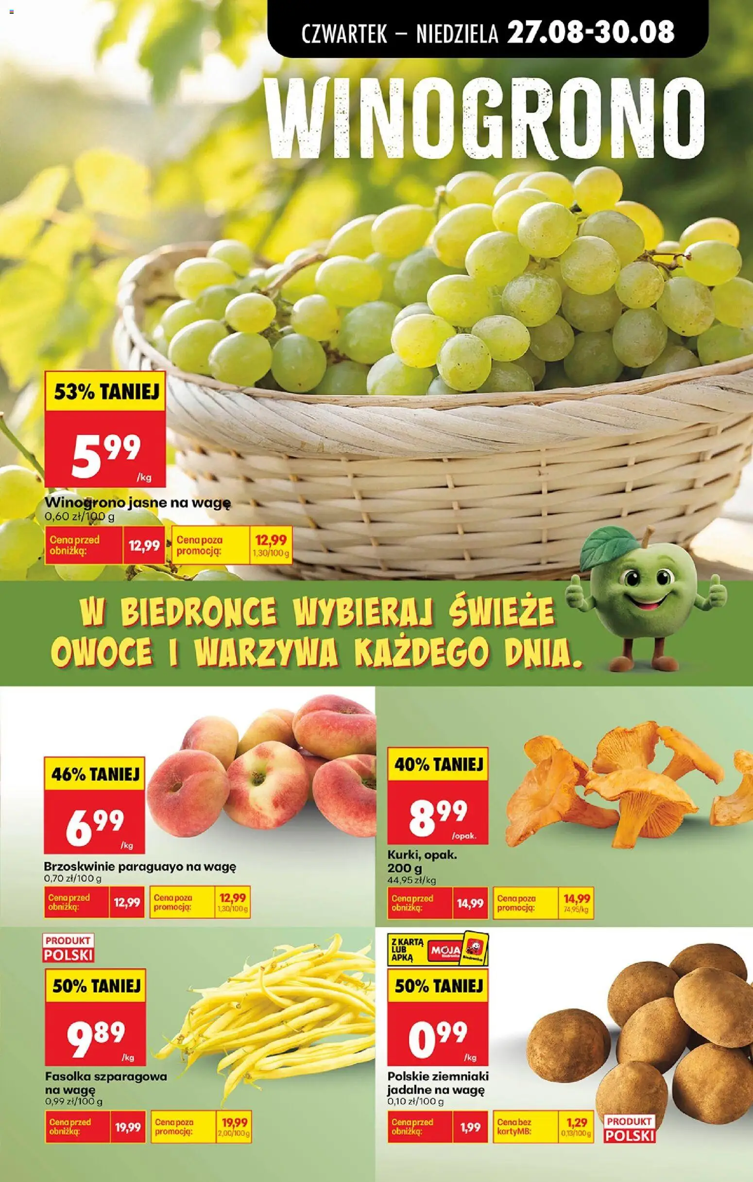 Biedronka gazetka od czwartku od 27.08.2026 | Strona: 27 | Produkty: Winogrono, Brzoskwinie, Ziemniaki, Owoce