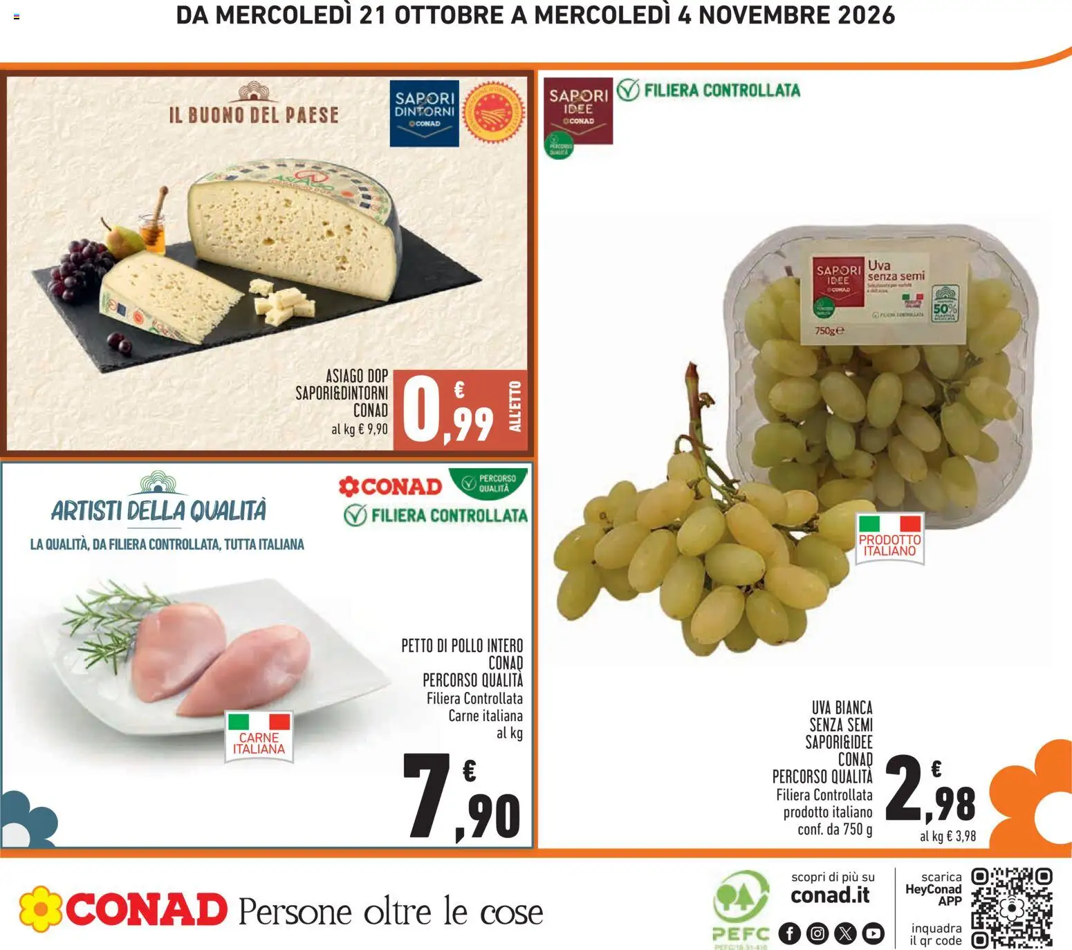 Volantino Conad del 21/10/2026 | Pagina: 28 | Prodotti: Petto di Pollo, Pollo intero, Uva, Formaggio asiago