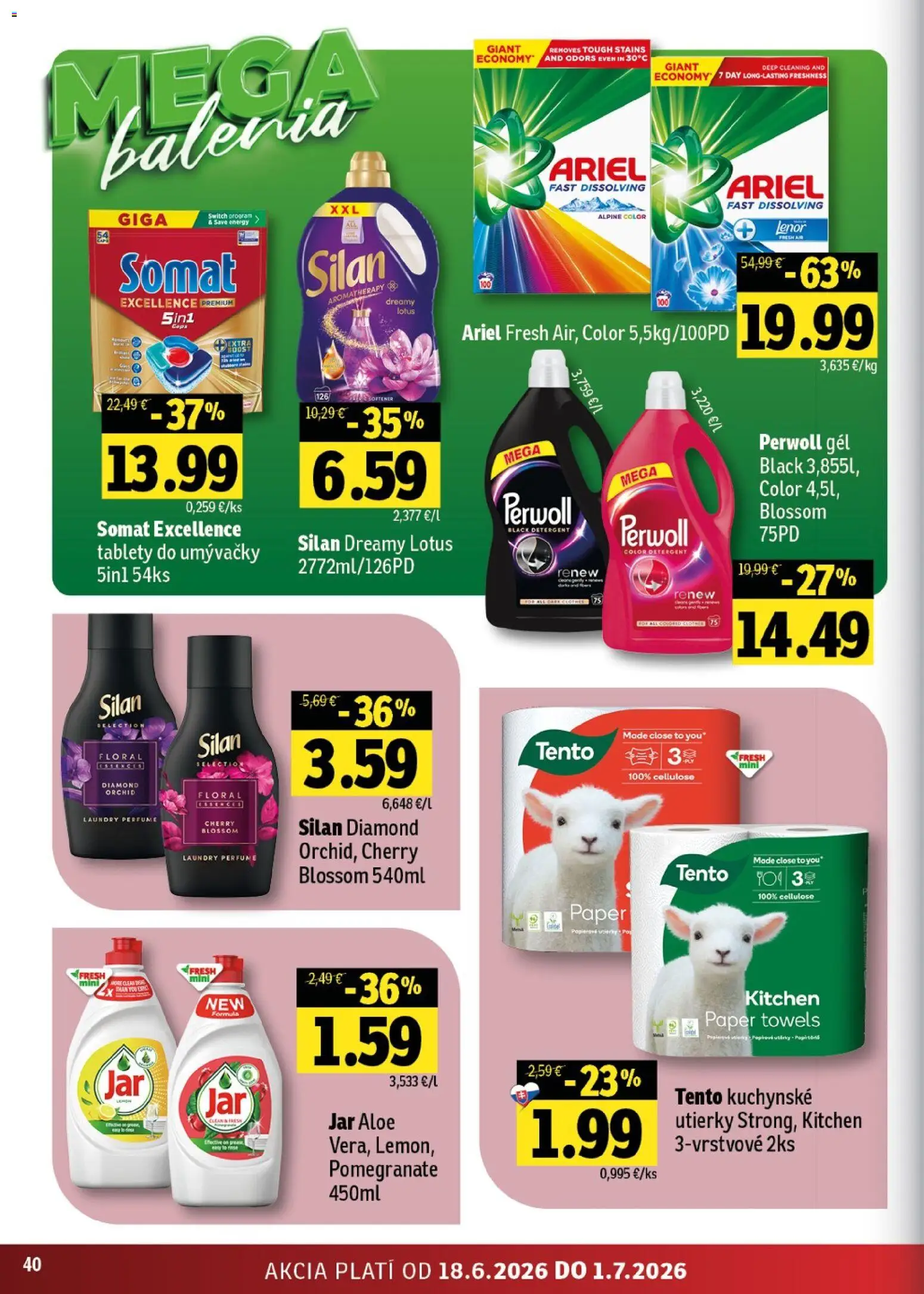 Nové Fresh akcie – leták je platný od 18.06.2026 | Strana: 40 | Produkty: Perwoll, Silan, Jar, Lenor