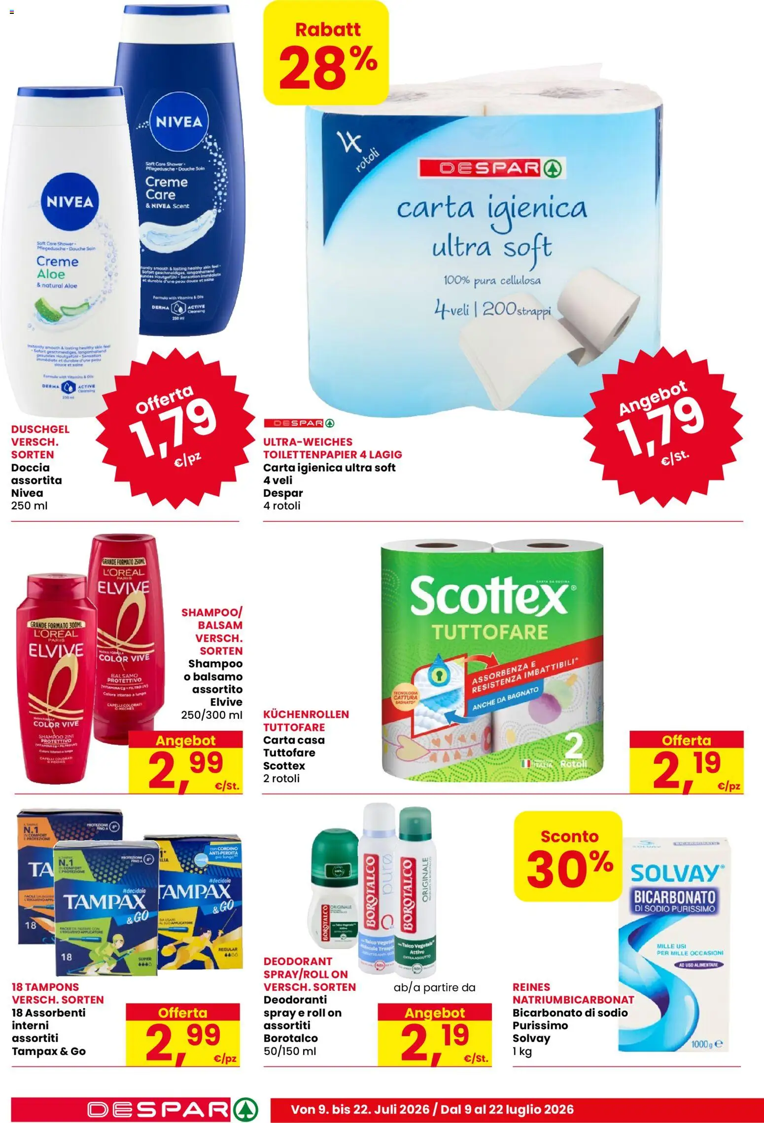 Volantino Despar del 09/07/2026 | Pagina: 14 | Prodotti: Balsamo, Carta igienica, Bicarbonato, Doccia