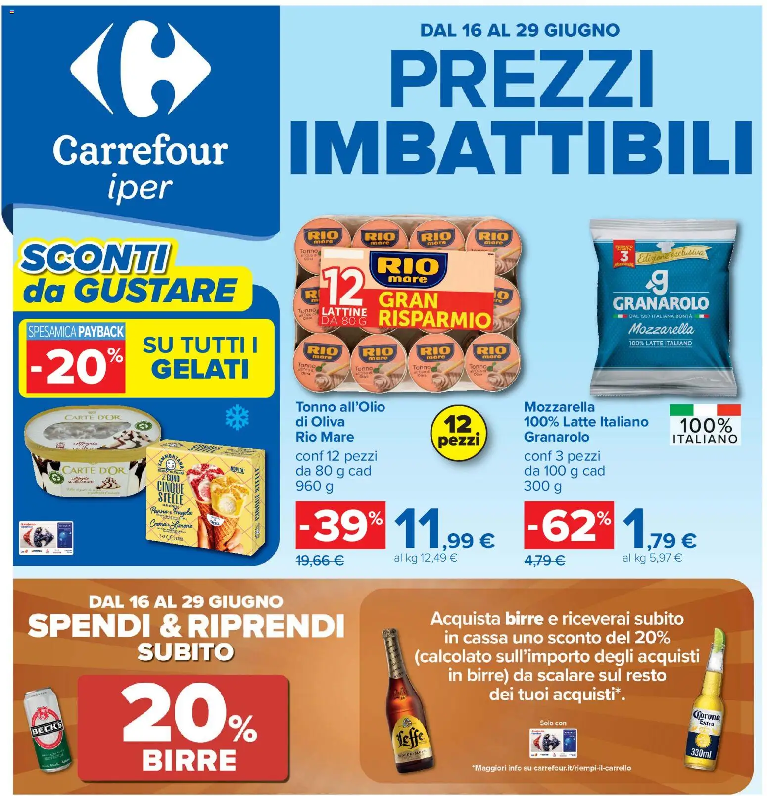 Volantino Carrefour del 16.06.2026 | Pagina: 1 | Prodotti: Cioccolato, Latte, Limone, Tonno