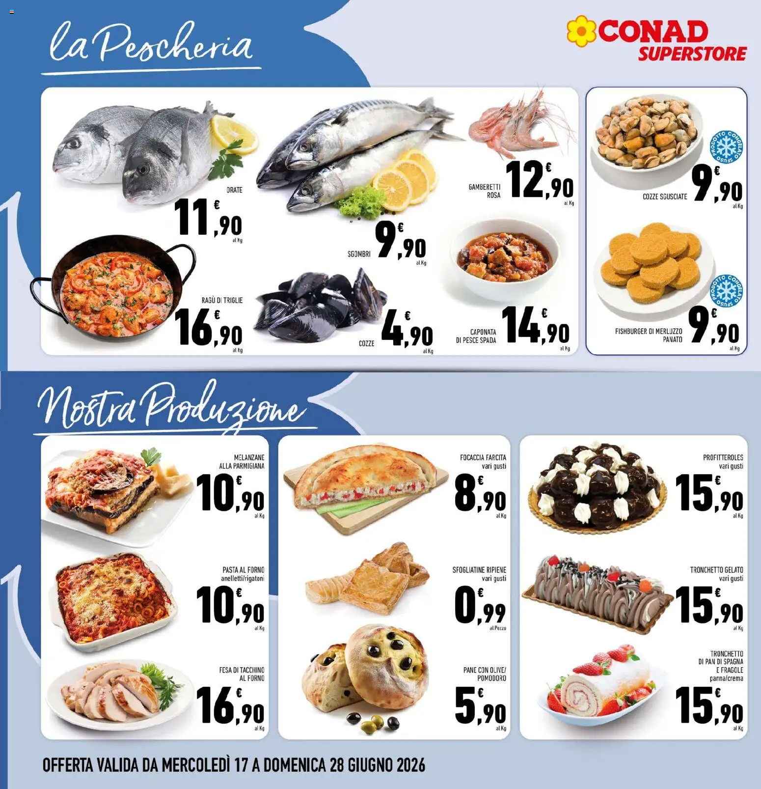 Volantino Conad del 17.06.2026 | Pagina: 8 | Prodotti: Cozze, Focaccia, Pesce spada, Gamberetti