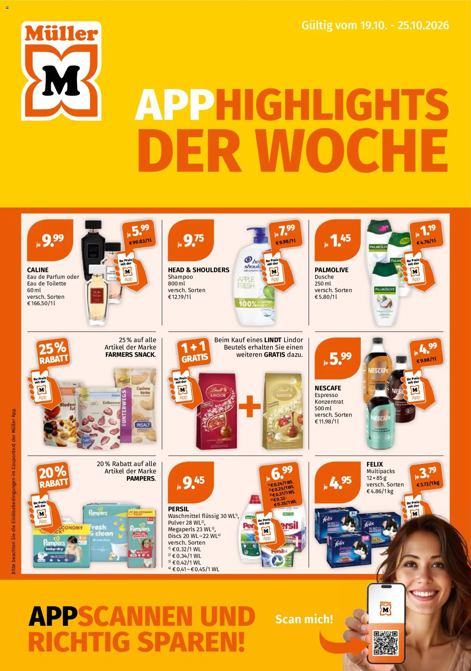 Müller Flugblatt gültig ab 19.10.2026 | Seite: 1 | Produkte: Erdbeeren, Dusche, Eau de Toilette, Apple