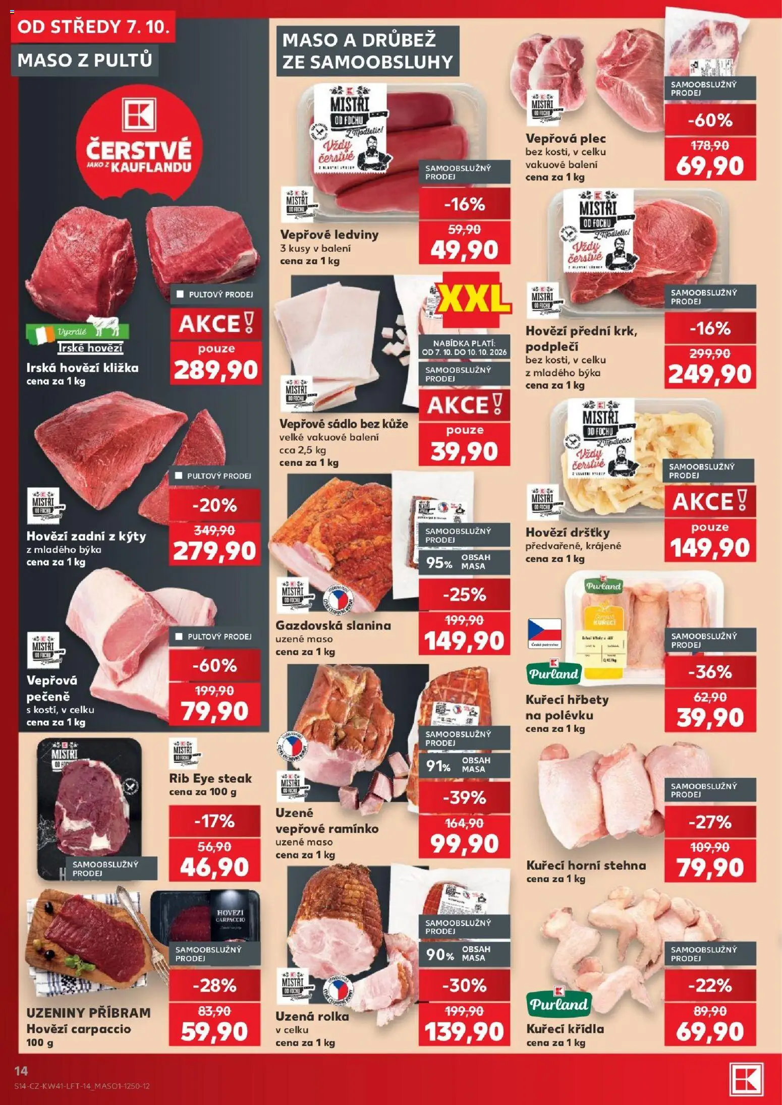 Kaufland leták - Kolín od 07.10.2026 | Strana: 14 | Produkty: Hovězí zadní, Uzené vepřové ramínko, Maso, Carpaccio