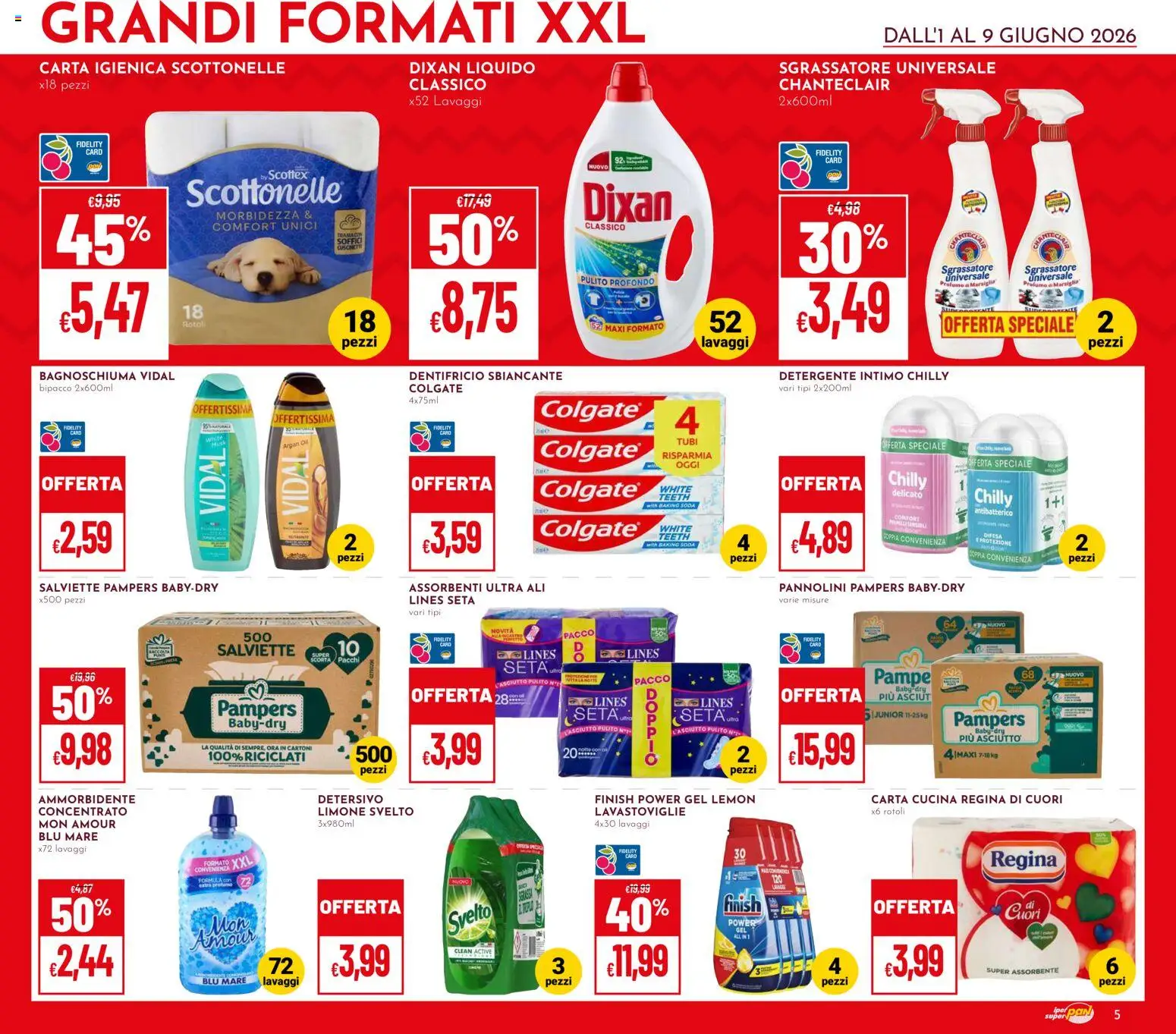 Volantino Pan del 01.06.2026 | Pagina: 5 | Prodotti: Pannolini, Carta igienica, Dentifricio, Intimo