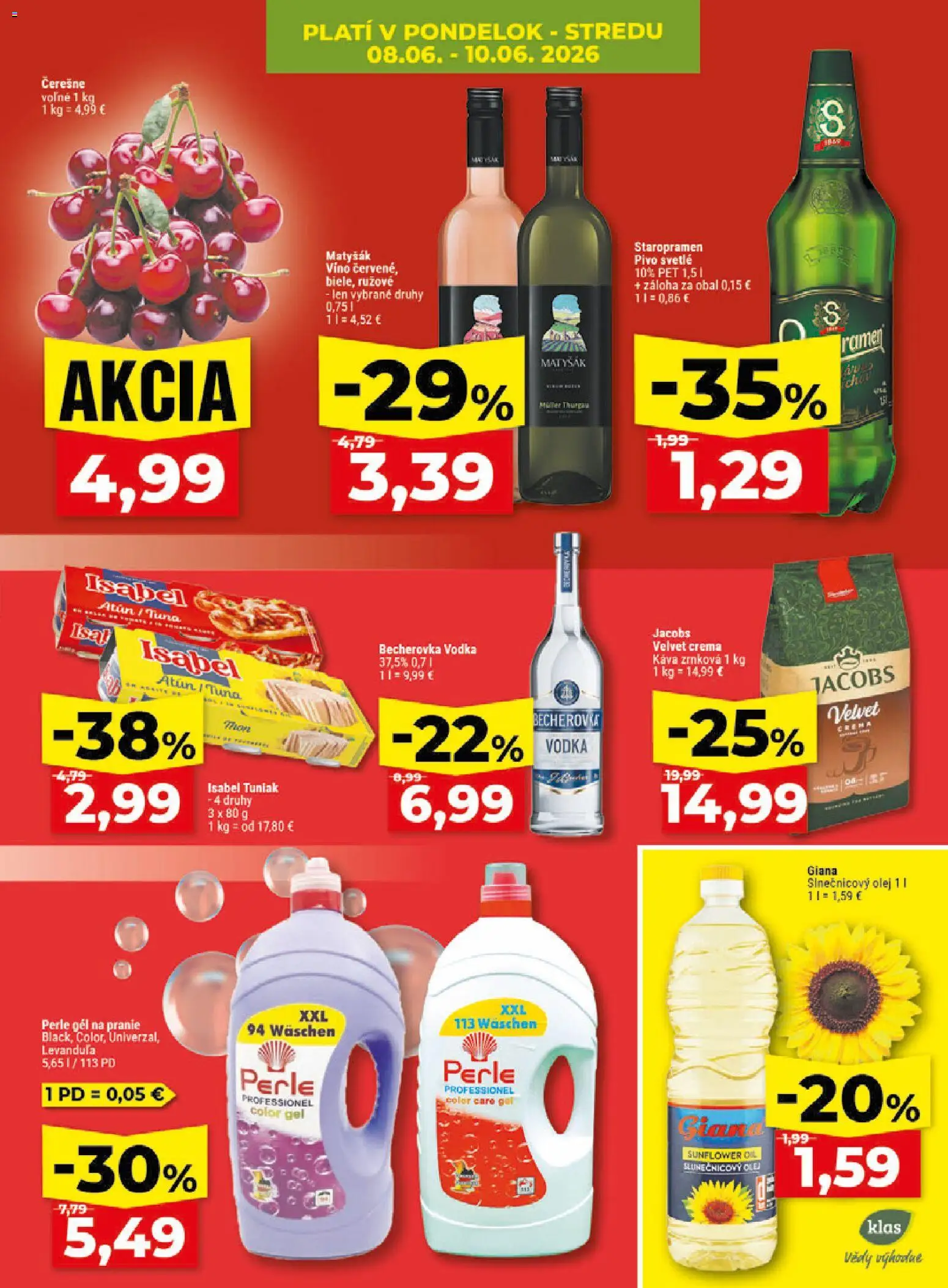 Nové Klas akcie – leták je platný od 08.06.2026 | Strana: 5 | Produkty: Tuniak, Víno, Staropramen, Čerešne