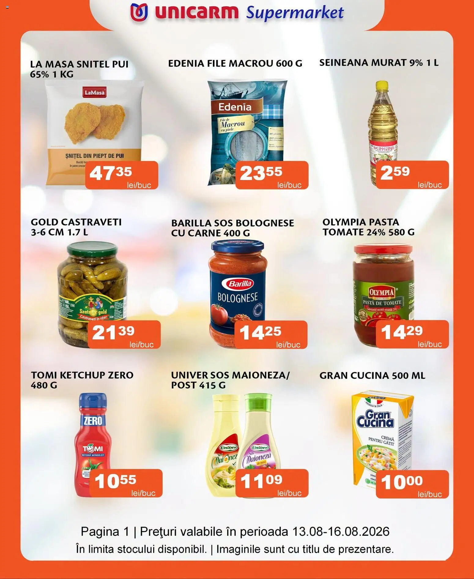 Noul catalog Unicarm – valabil de la 13.08.2026 | Pagină: 1 | Produse: Zero, Macrou, Oțet, Maioneză