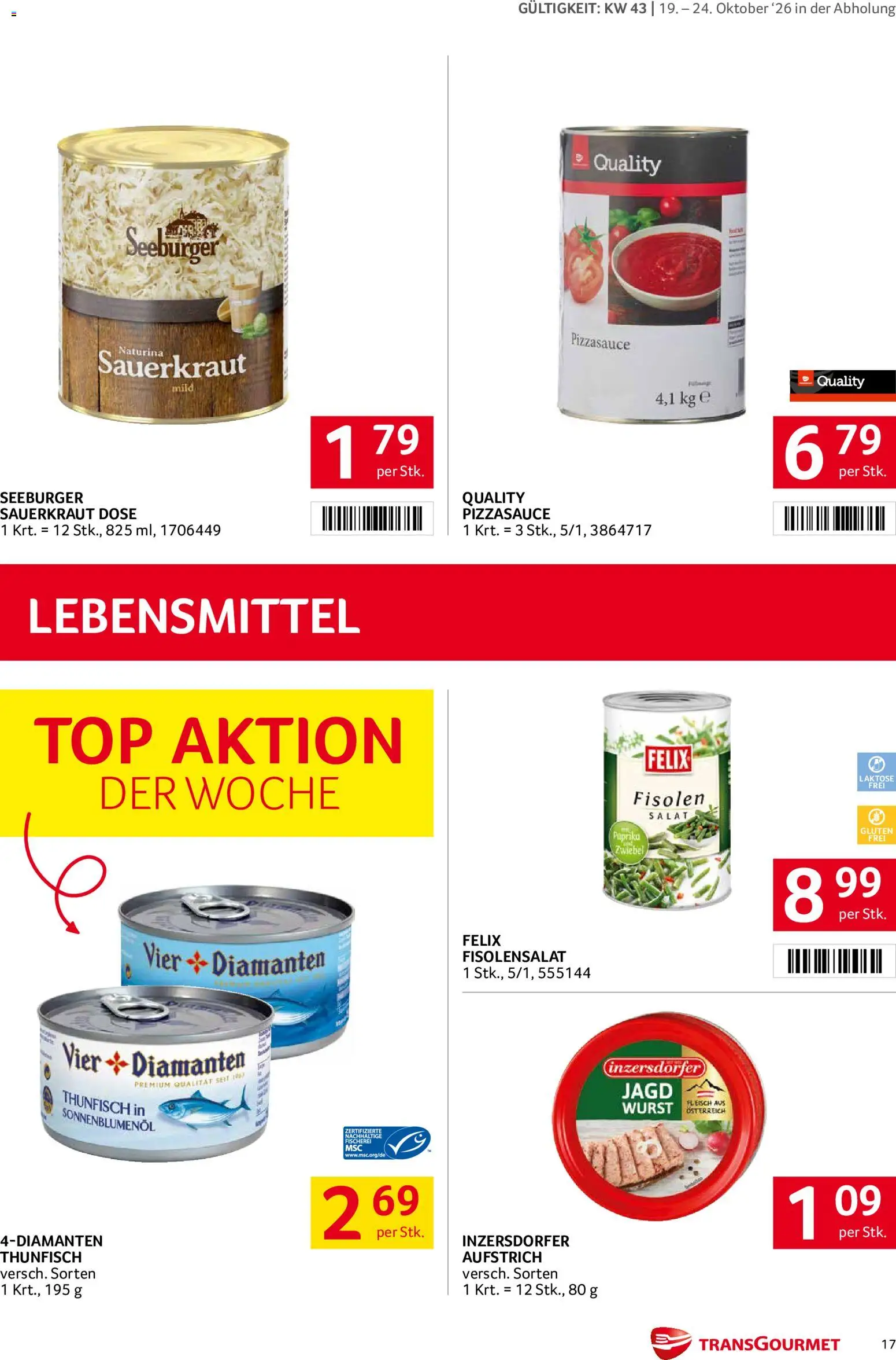 Transgourmet Broschüre gültig ab 19.10.2026 | Seite: 17 | Produkte: Salat, Wurst, Lebensmittel, Sauerkraut