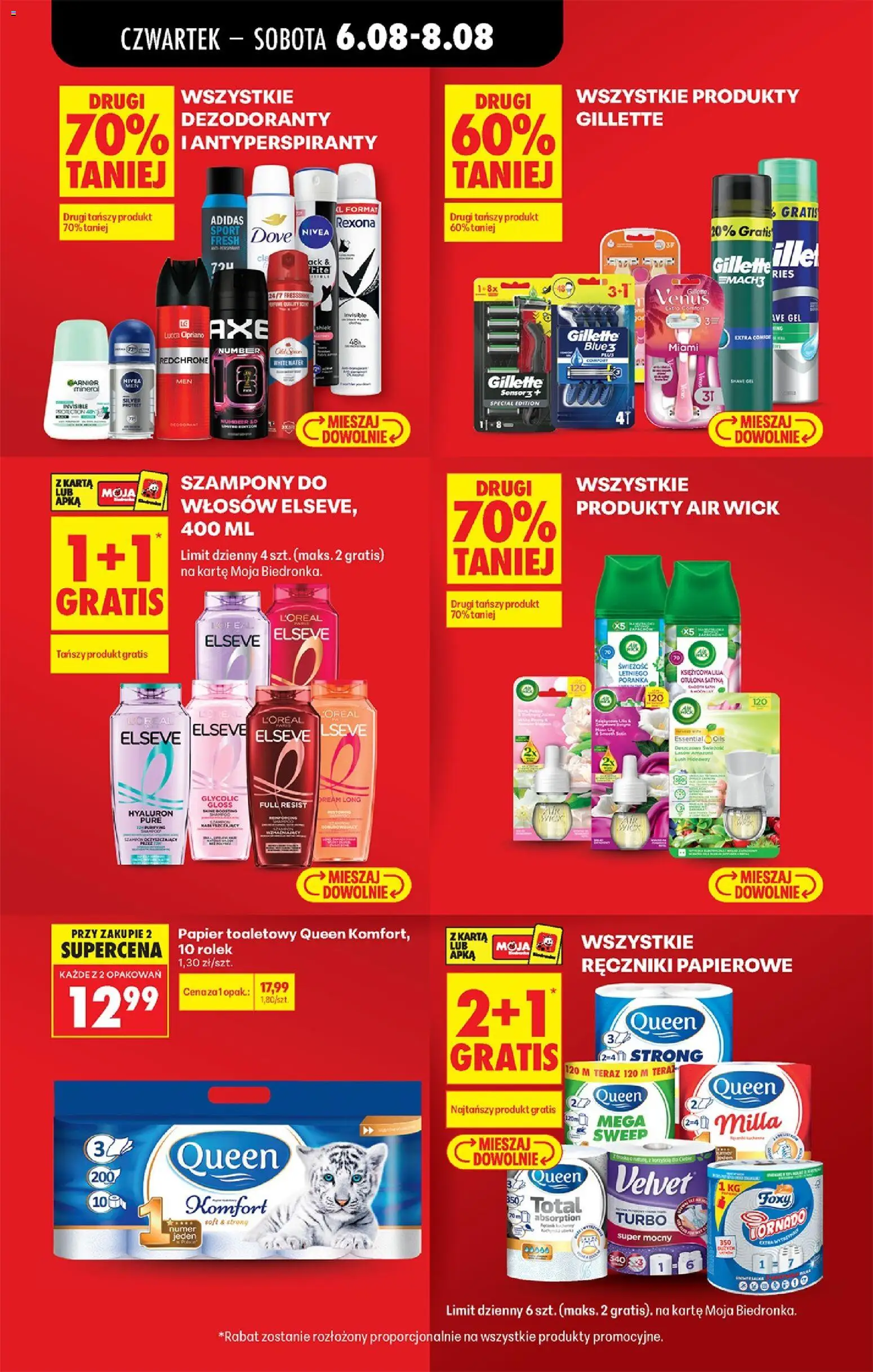 Biedronka gazetka od czwartku od 06.08.2026 | Strona: 15 | Produkty: Papier toaletowy queen, Karta, Gillette, Ręczniki papierowe
