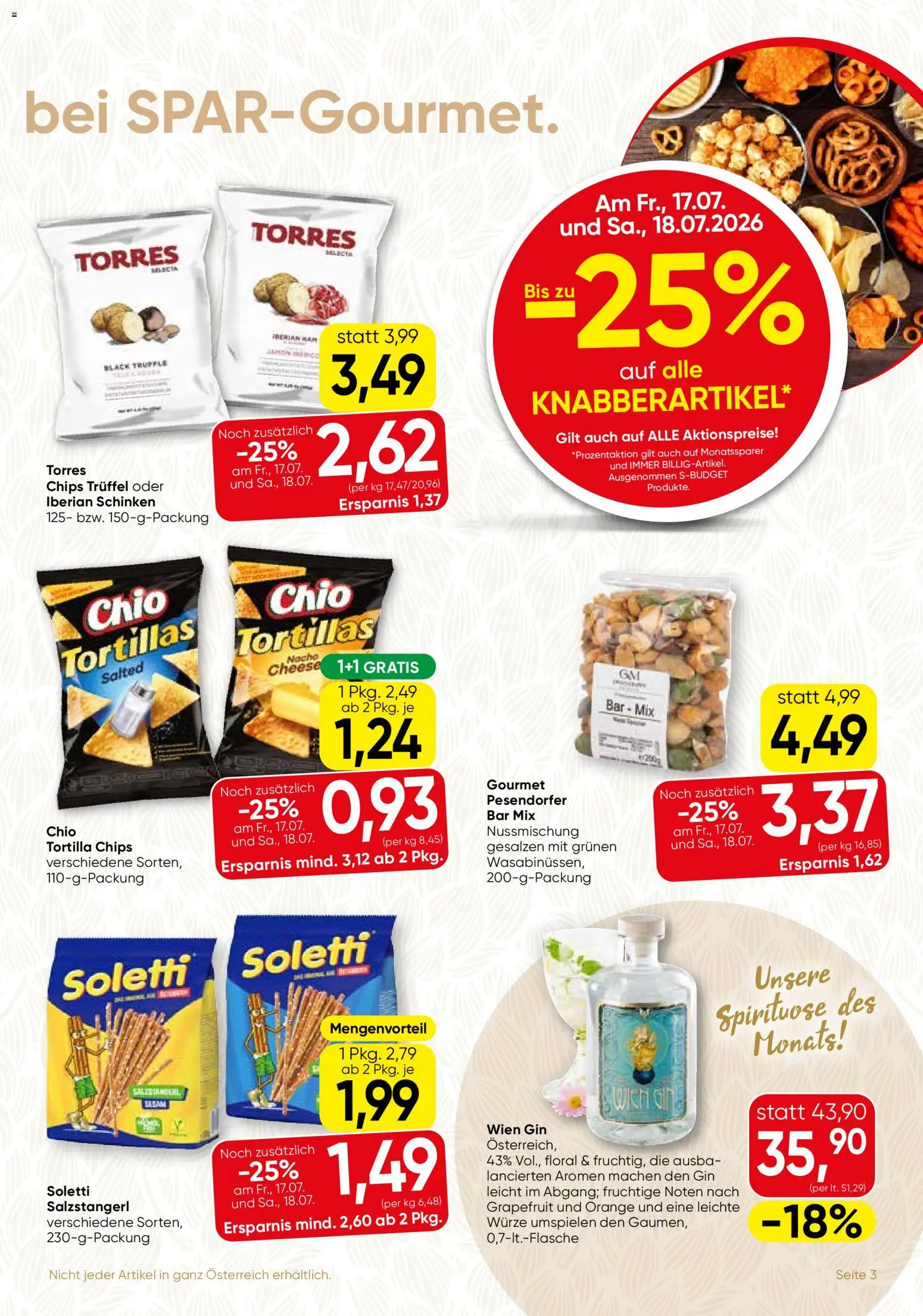 SPAR Gourmet Flugblatt gültig ab 16.07.2026 | Seite: 3 | Produkte: Gin, Chips, Grapefruit, Schinken