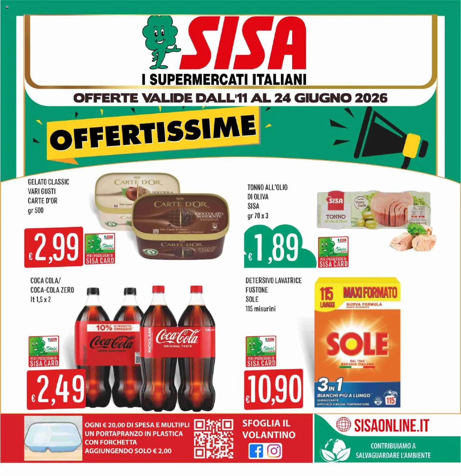 Volantino SISA del 11.06.2026 | Pagina: 1 | Prodotti: Cioccolato, Pinne, Lavatrice, Tonno
