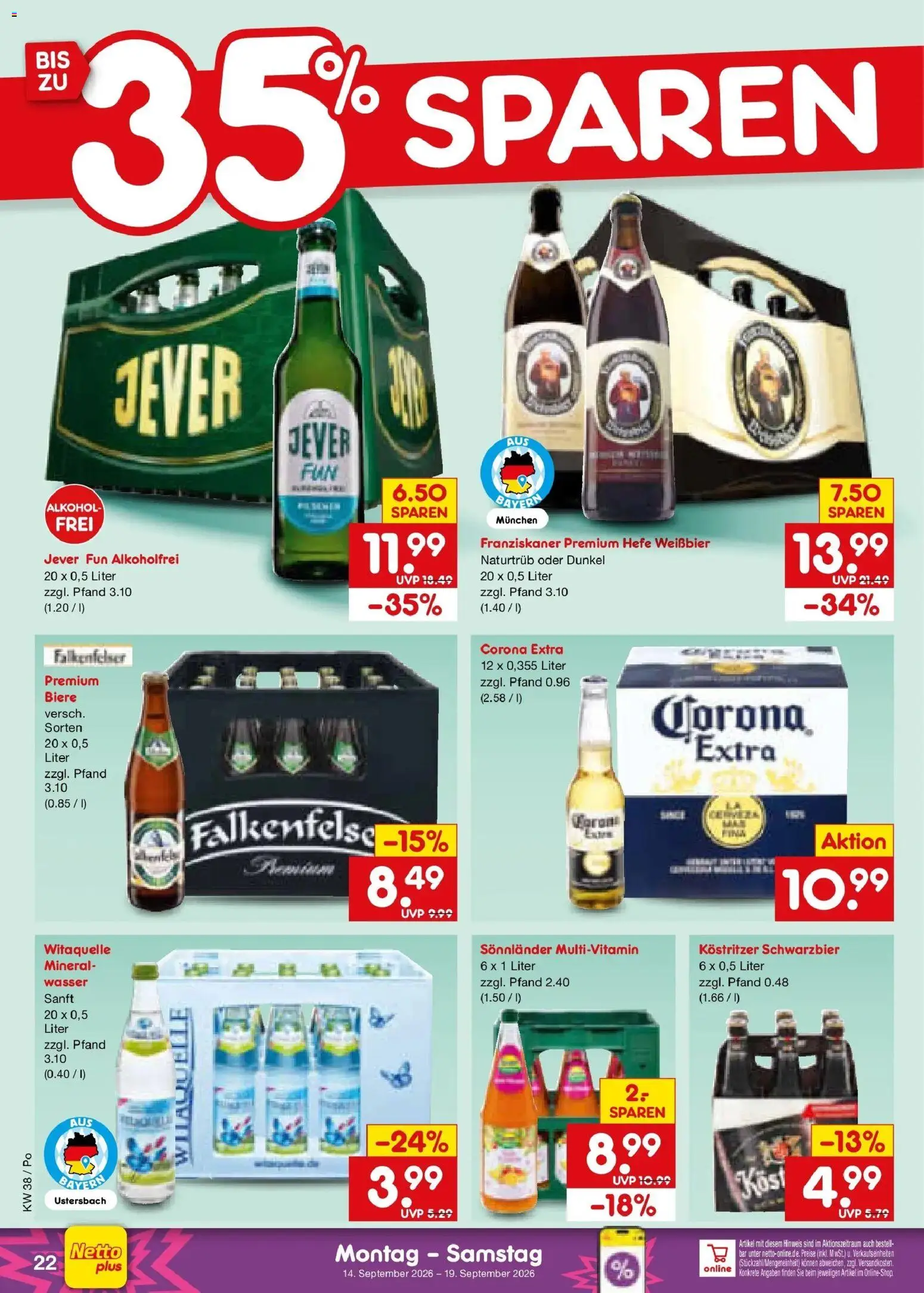 Netto Marken-Discount Prospekt Amberg – gültig ab 14.09.2026 | Seite: 32 | Produkte: Kostritzer, Weißbier, Wasser, Alkohol