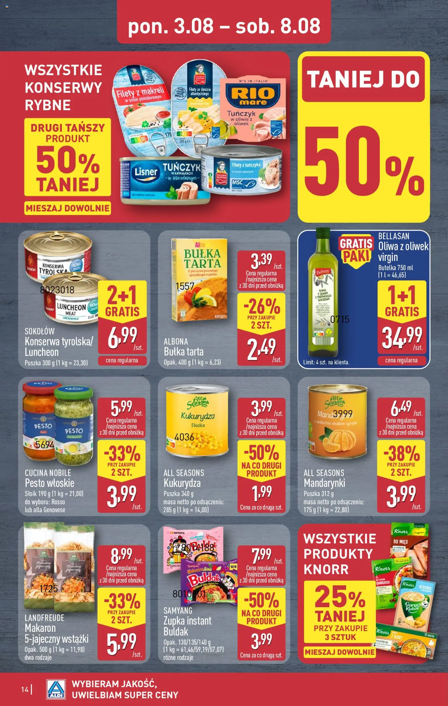 Aldi gazetka od 03.08.2026 | Strona: 14 | Produkty: Oliwa z oliwek, Kukurydza, Pesto, Mandarynki