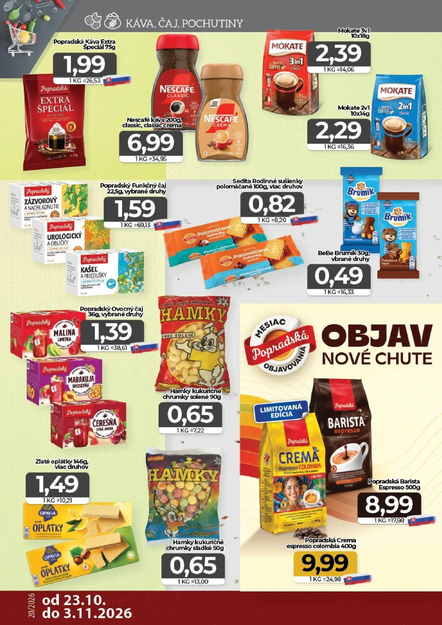 Nové CBA Komfos akcie – leták je platný od 23.10.2026 | Strana: 10 | Produkty: Popradská káva, Čaj, Sušienky, Ovocný čaj