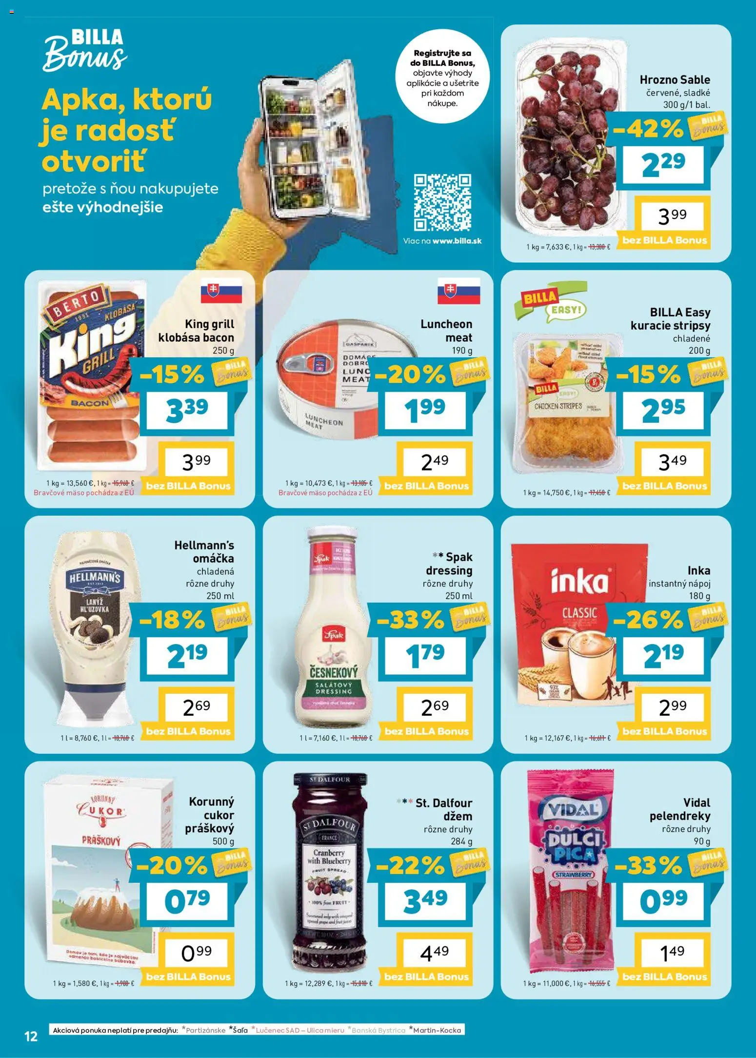 Nové Billa akcie – leták je platný od 19.08.2026 | Strana: 12 | Produkty: Džem, Bravčové mäso, Omáčka, Hrozno