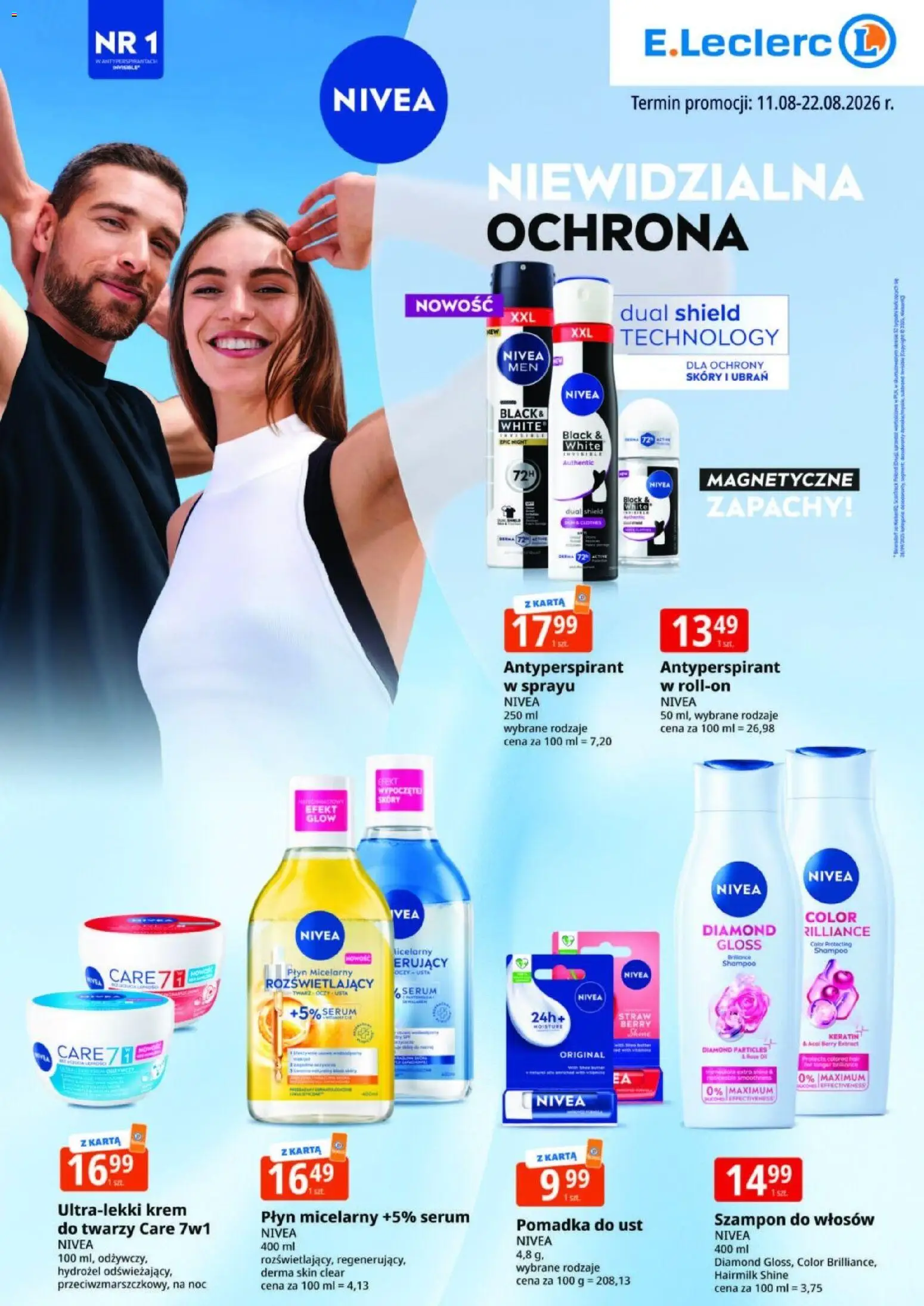 E.Leclerc gazetka od 11.08.2026 | Strona: 1 | Produkty: Karta, Płyn micelarny, Krem, Pomadka do ust