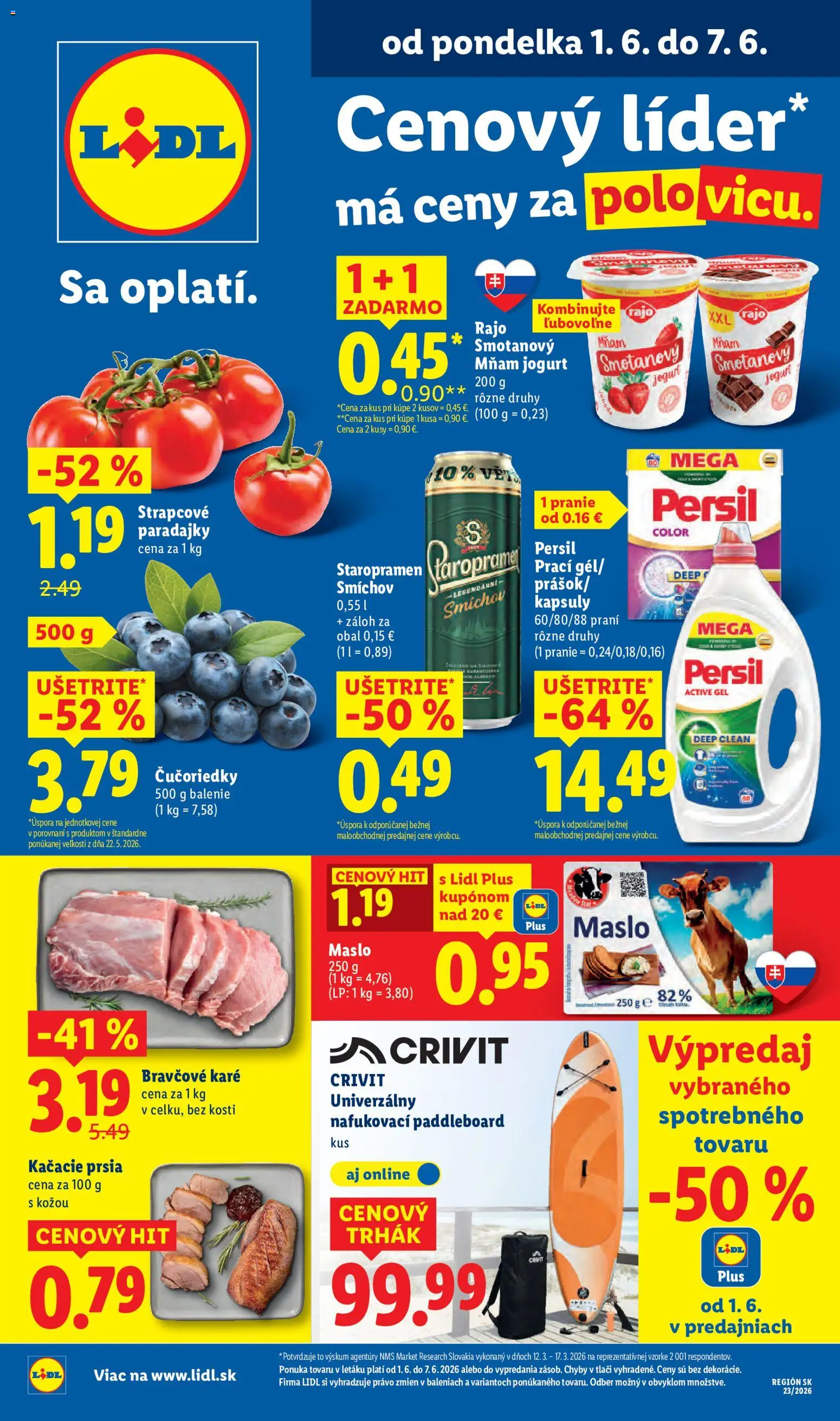 Nové Lidl akcie – leták je platný od 01.06.2026 | Strana: 1 | Produkty: Maslo, Jogurt, Paddleboard, Čučoriedky