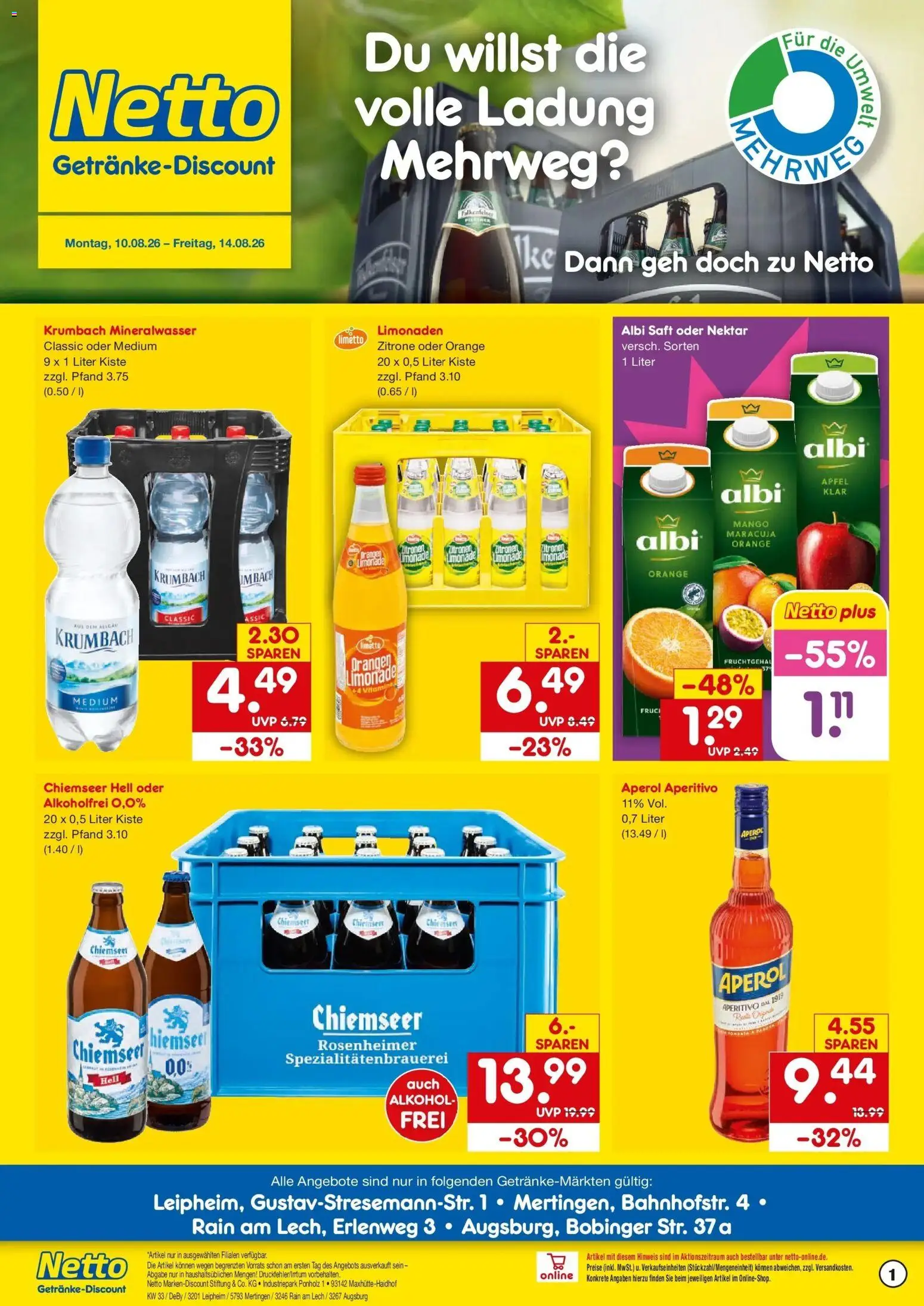 Netto Marken-Discount Prospekt Leipheim – gültig ab 10.08.2026 | Seite: 1 | Produkte: Limonade, Mineralwasser, Mango, Zitronen
