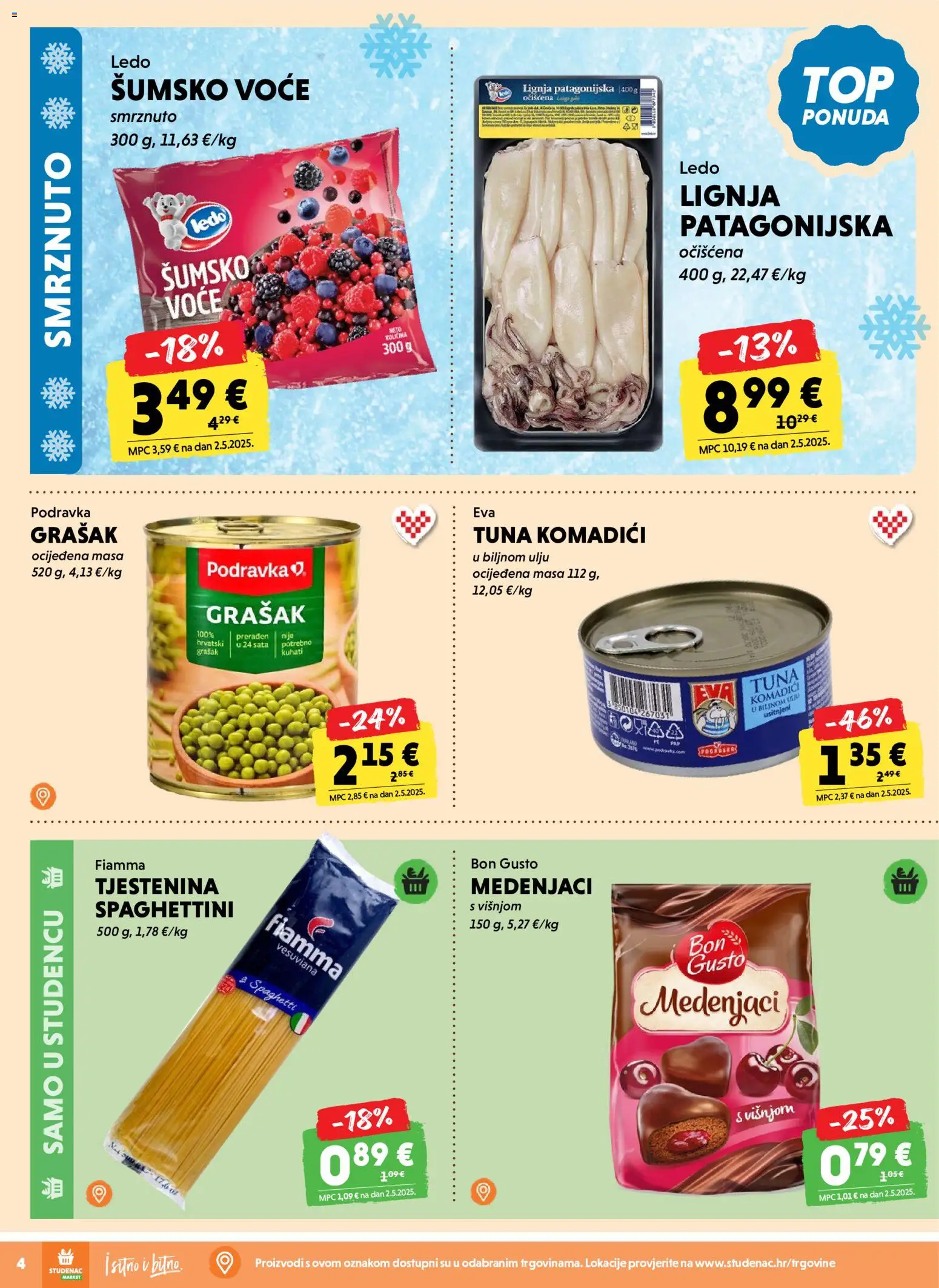 Studenac katalog | vrijedi od 28.10.2026 | Stranica: 4 | Proizvodi: Šumsko voće, Podravka, Ledo, Voće