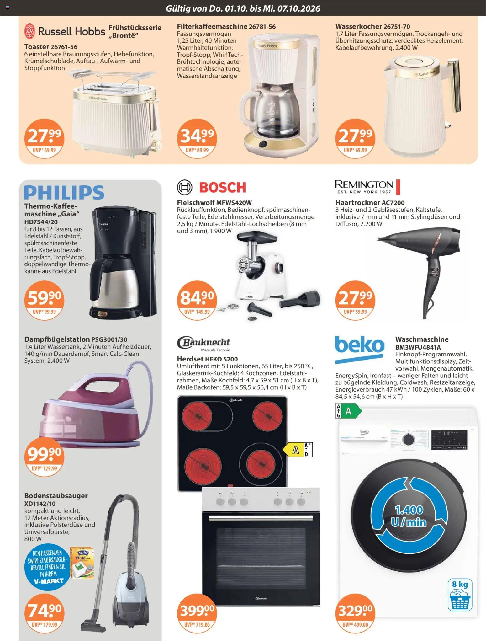 V-Markt Angebote – gültig ab 01.10.2026 | Seite: 17 | Produkte: Wasserkocher, Staubsauger, Waschmaschine, Filterkaffeemaschine