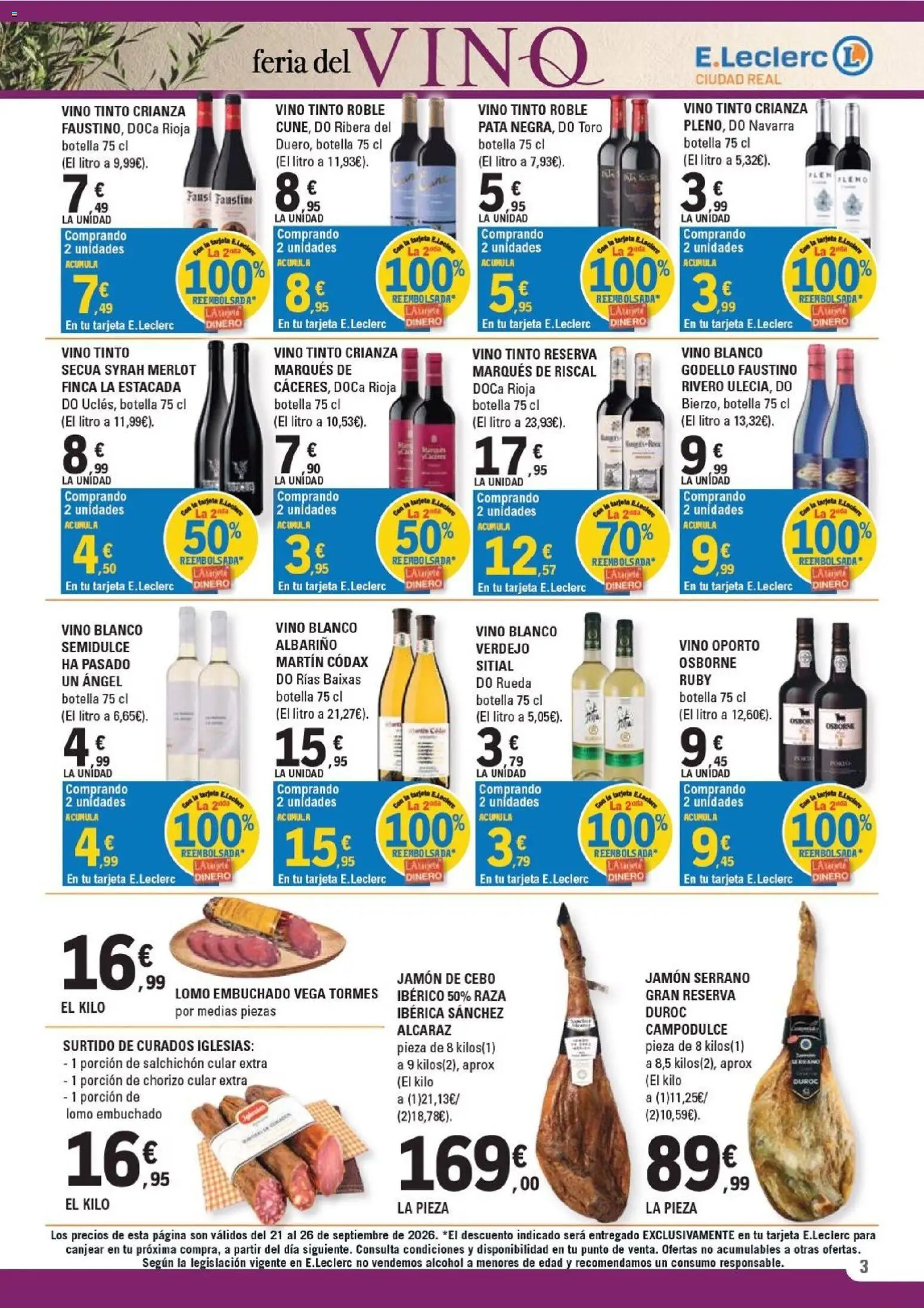 E.Leclerc - Ciudad Real │ válido desde el 21/09/2026 | Página: 3 | Productos: Lomo, Jamón, Vino, Alcohol