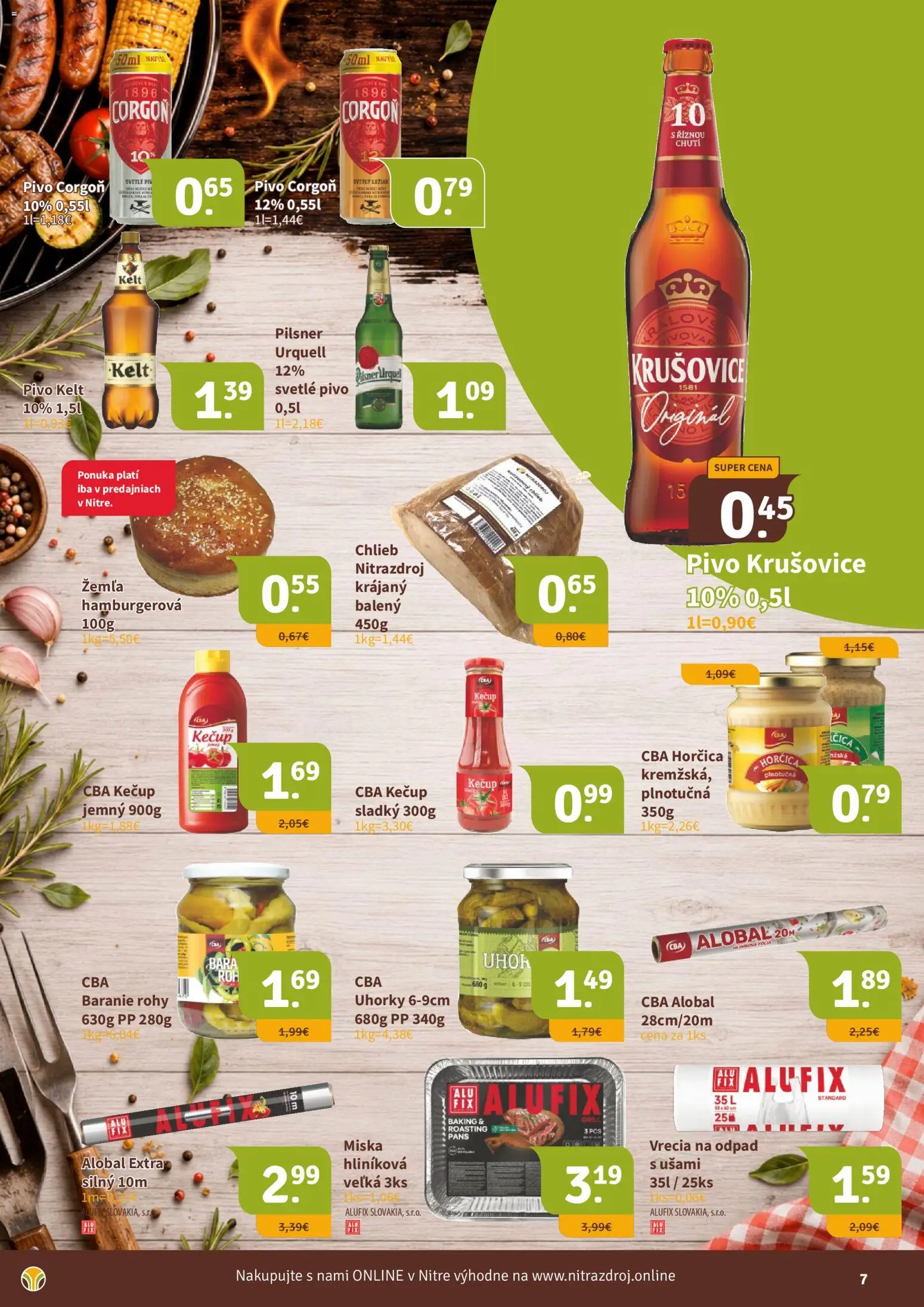 Nové Nitrazdroj akcie – leták je platný od 19.06.2026 | Strana: 7 | Produkty: Chlieb, Krušovice, Corgoň, Uhorky