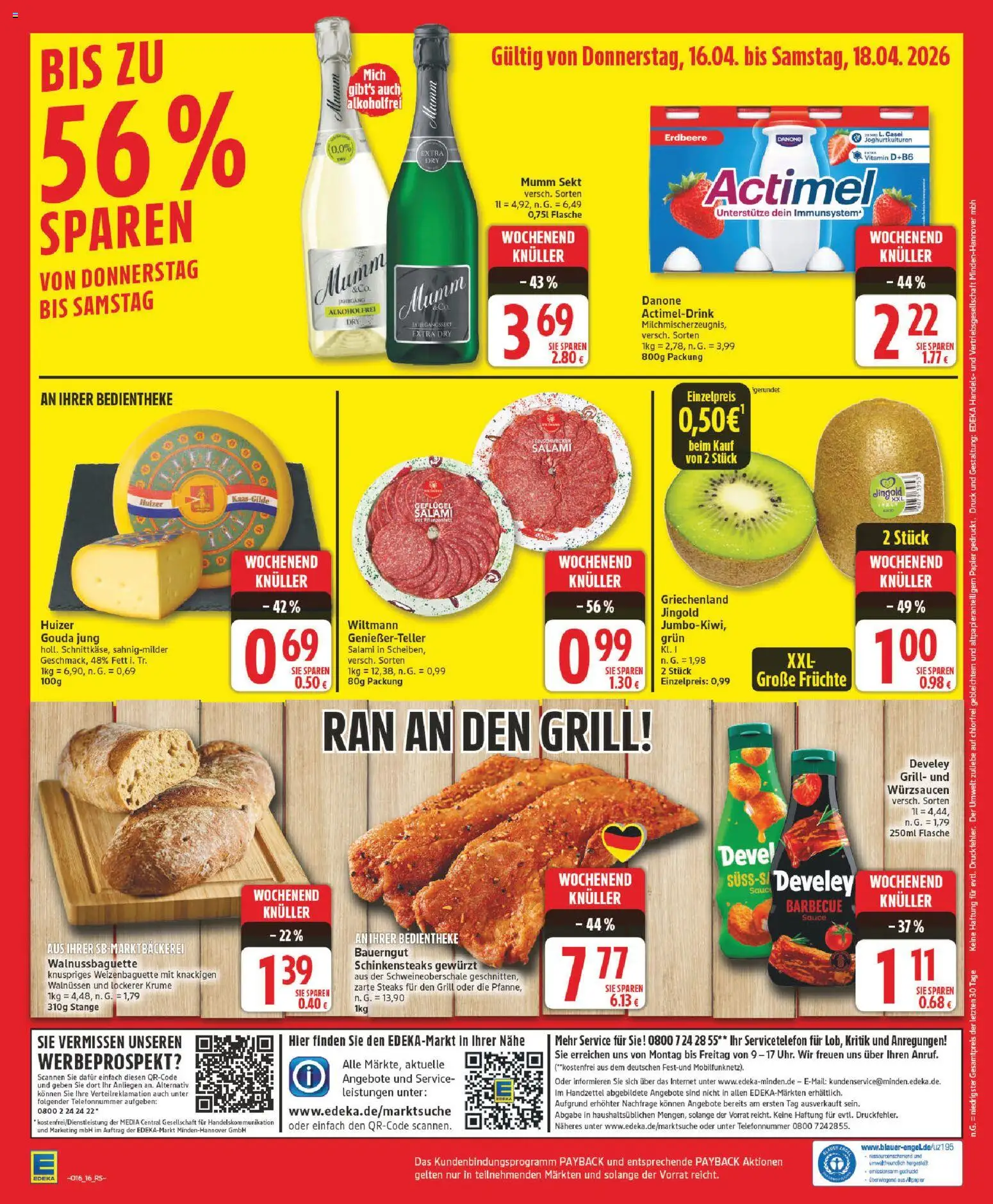 Edeka Prospekt 	 – gültig ab 13.04.2026 | Seite: 16 | Produkte: Mumm sekt, Grill, Actimel, Salami