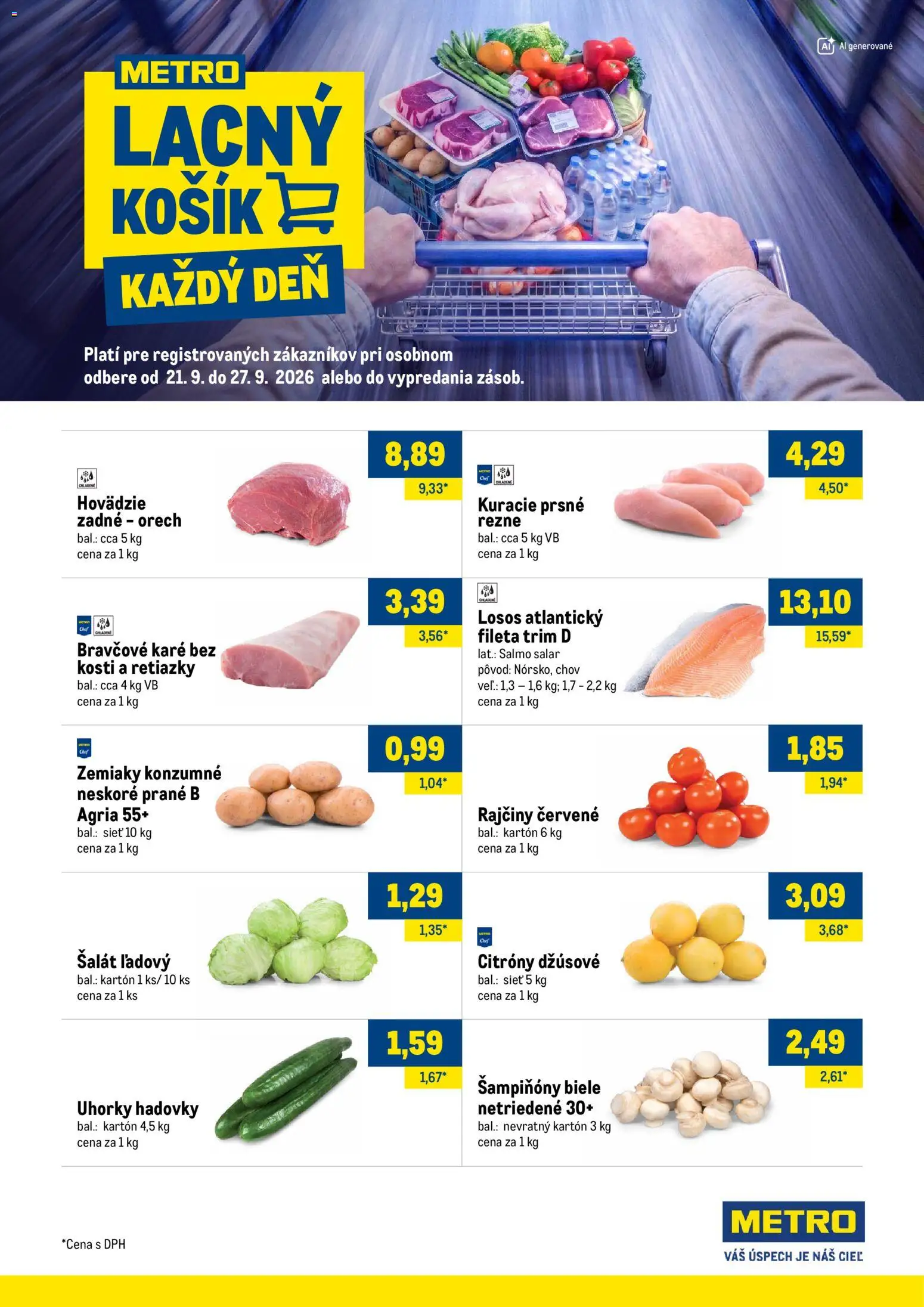Nové Metro akcie – leták je platný od 21.09.2026 | Strana: 1 | Produkty: Losos, Citróny, Rezne, Uhorky