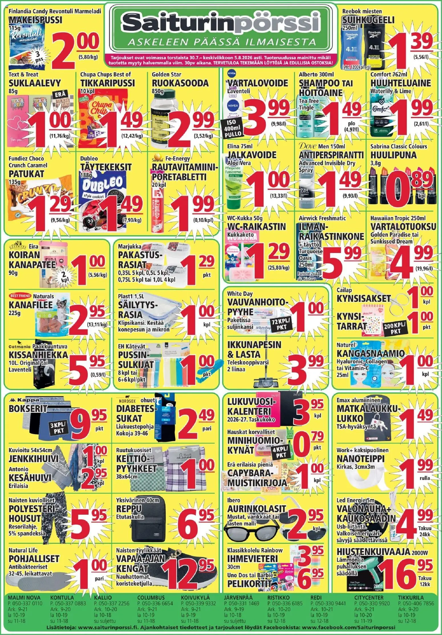Saiturinpörssi tarjoukset – voimassa 30/07/2026 alkaen | Sivu: 1 | Tuotteet: Pyyhe, Huulipuna, Antiperspirantti, Kynsisakset