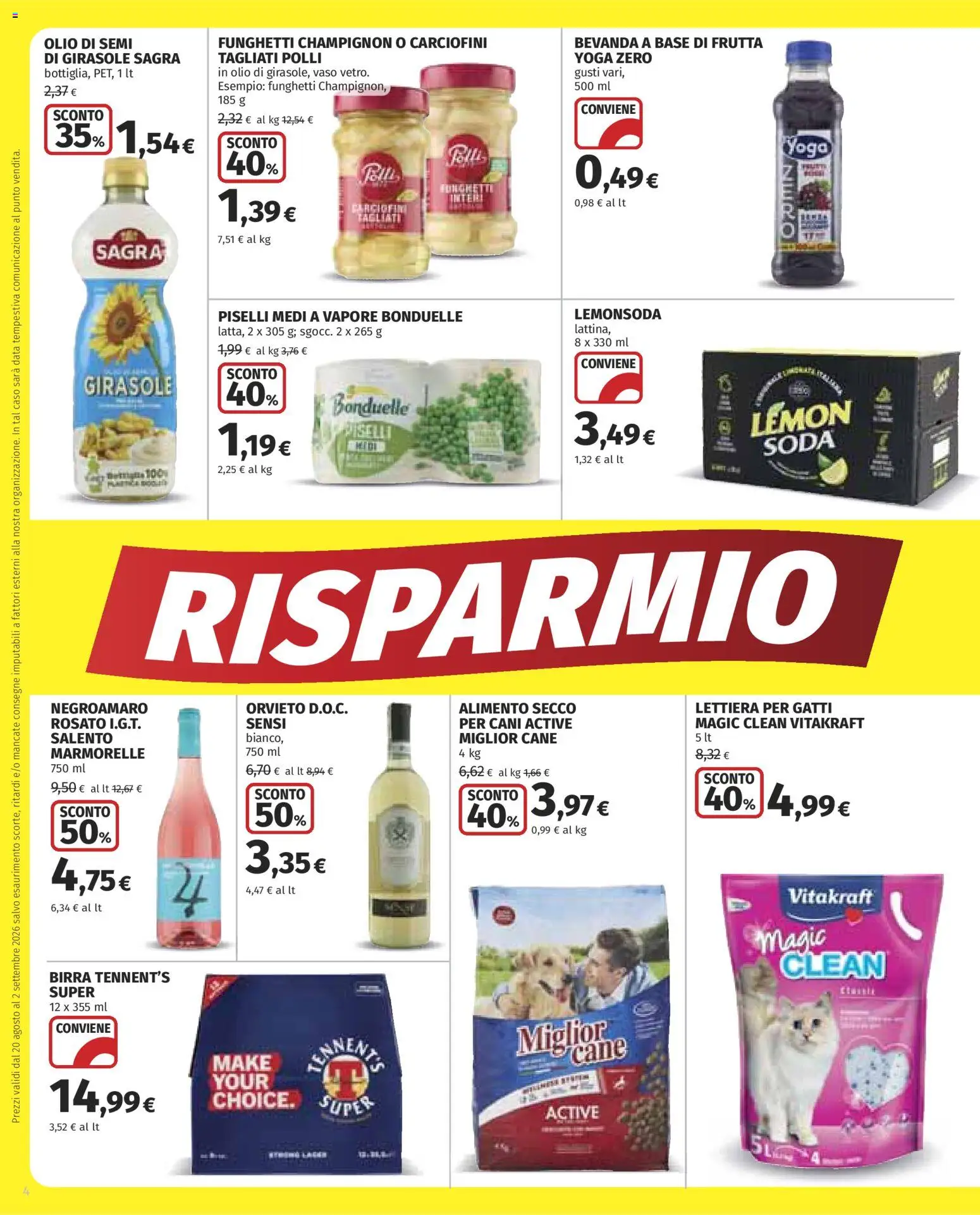 Volantino COOP del 20/08/2026 | Pagina: 4 | Prodotti: Lettiera per gatti, Olio, Data, Piselli