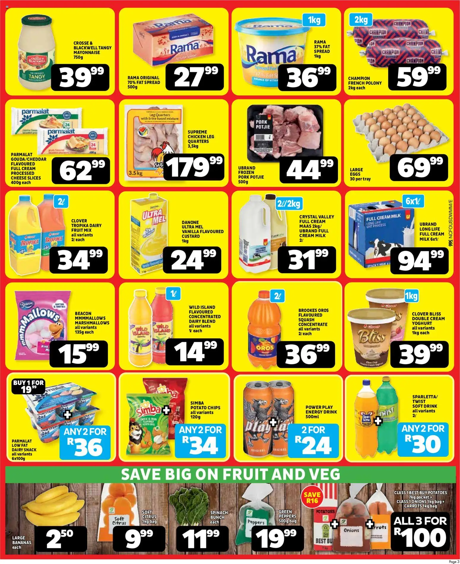 New Usave catalogue – valid from 20/07/2026 | Page: 3 | Products: Pork, Bananas, Carrots, Fat spread