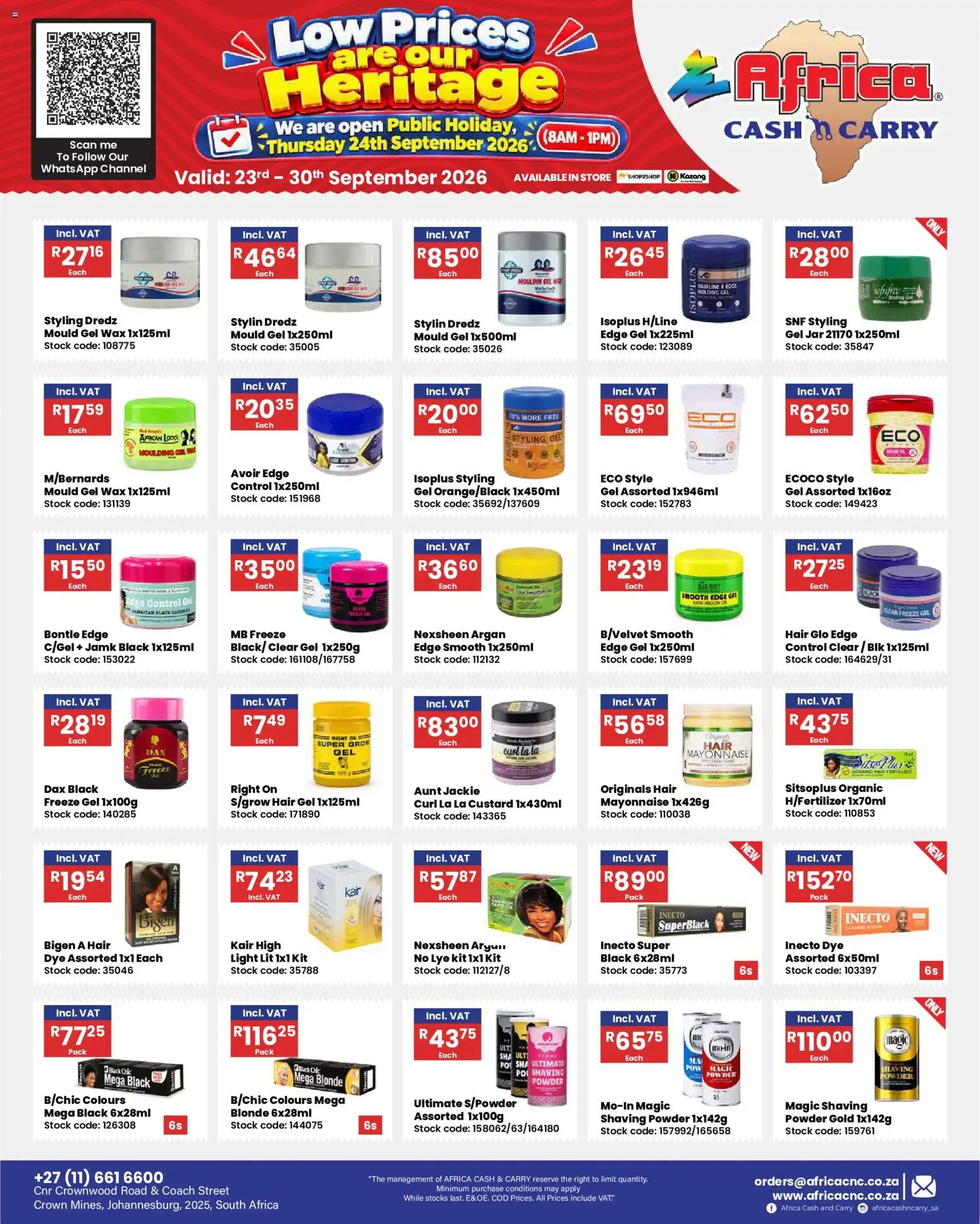 New Africa Cash & Carry catalogue – valid from 23/09/2026 | Page: 4 | Products: Wax, Powder, Stock, Mayonnaise