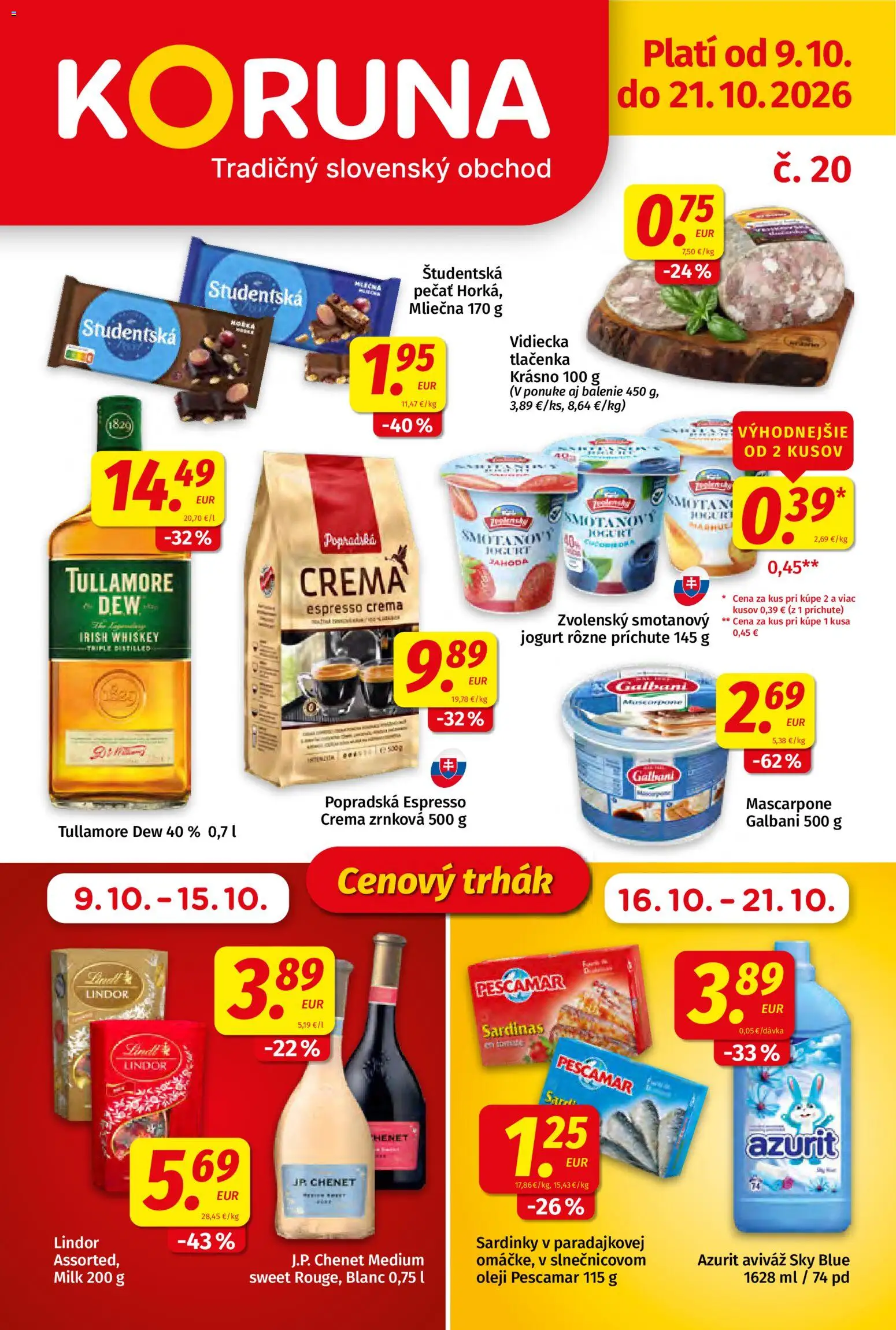 Nové Koruna akcie – leták je platný od 09.10.2026 | Strana: 1 | Produkty: Jogurt, Tlačenka, Smotanový jogurt, Tullamore Dew