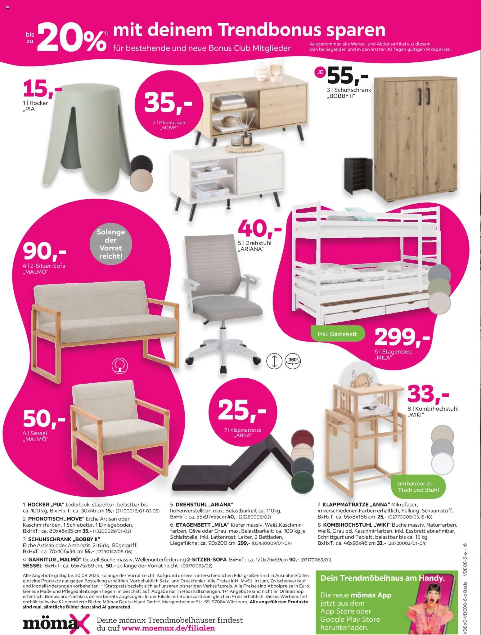 Mömax Aktueller Prospekt – gültig ab 16.08.2026 | Seite: 16 | Produkte: Hocker, Sessel, Tisch, Bilder