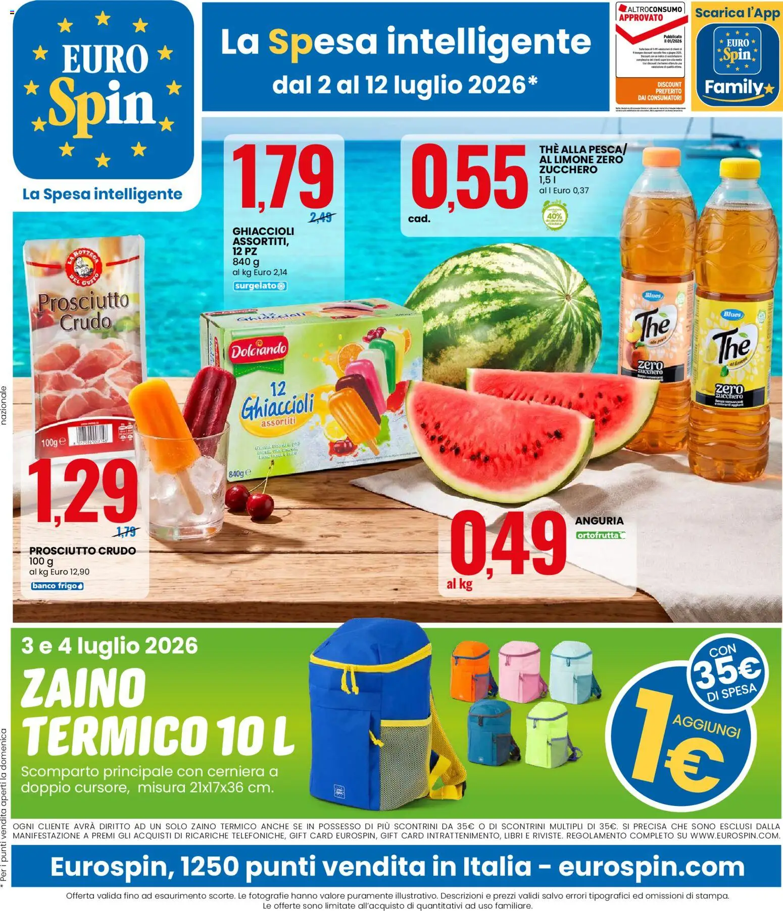 Volantino Eurospin del 02/07/2026 | Pagina: 1 | Prodotti: Zucchero, Zaino, Pesca, The