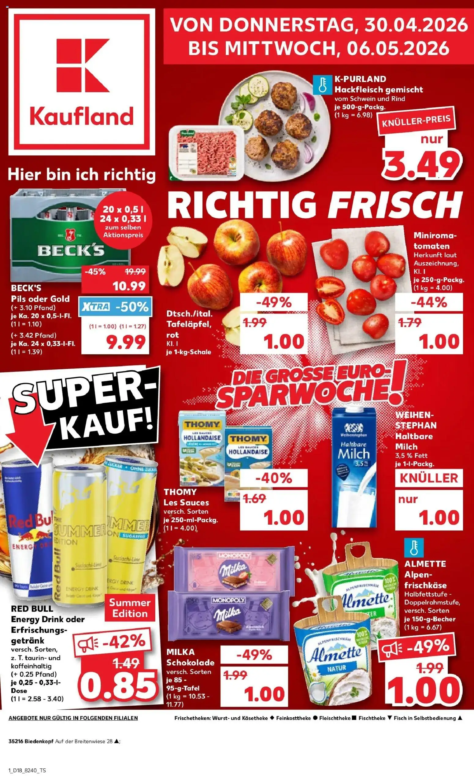 Prospekt Kaufland ab 30.04.2026 » Angebote Online zum Blättern | Seite: 1 | Produkte: Milka schokolade, Haltbare milch, Wurst, Frischkase