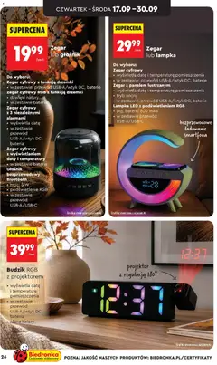 Pogląd oferty "Zegar lub lampka, Zegar cyfrowy, wyświetla datę i temperaturę pomieszczenia, tryb nocny, Lampka LED z podświetleniem RGB, poj. baterii: 800 mAh" - ważna od 12.09.2026 | Strona: 26