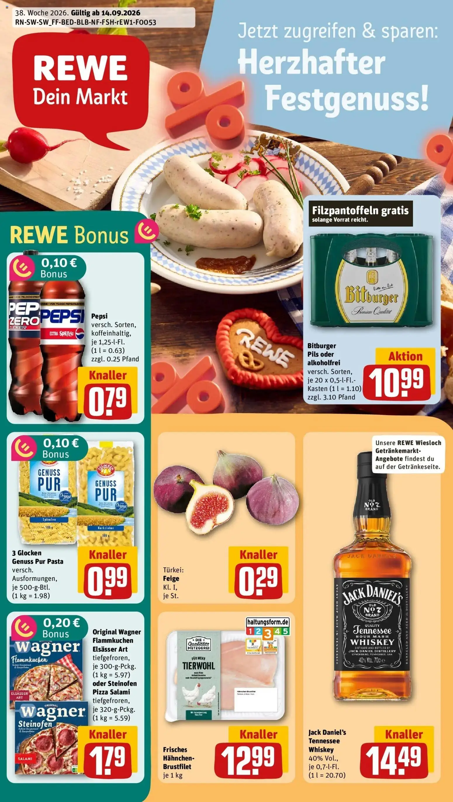 REWE Prospekt ab 14.09.2026 zum Blättern » Angebote | Seite: 1 | Produkte: Hahnchen, Zucker, Pepsi, Whiskey