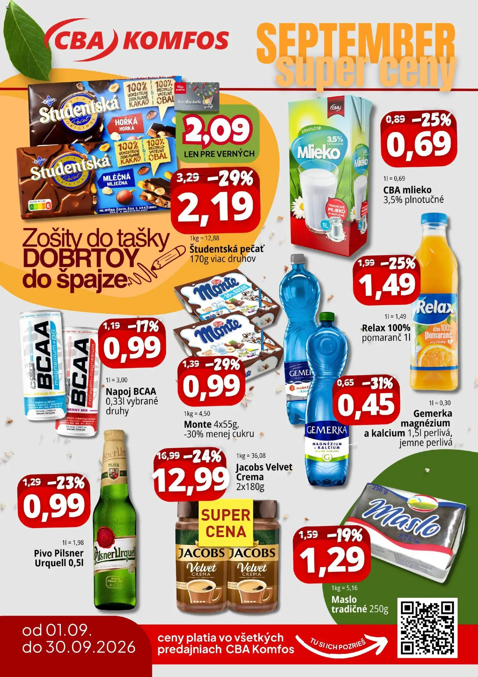 Nové CBA Komfos akcie – leták je platný od 01.09.2026 | Strana: 1 | Produkty: Džús, Zošity, Čokoláda, Mlieko plnotučné