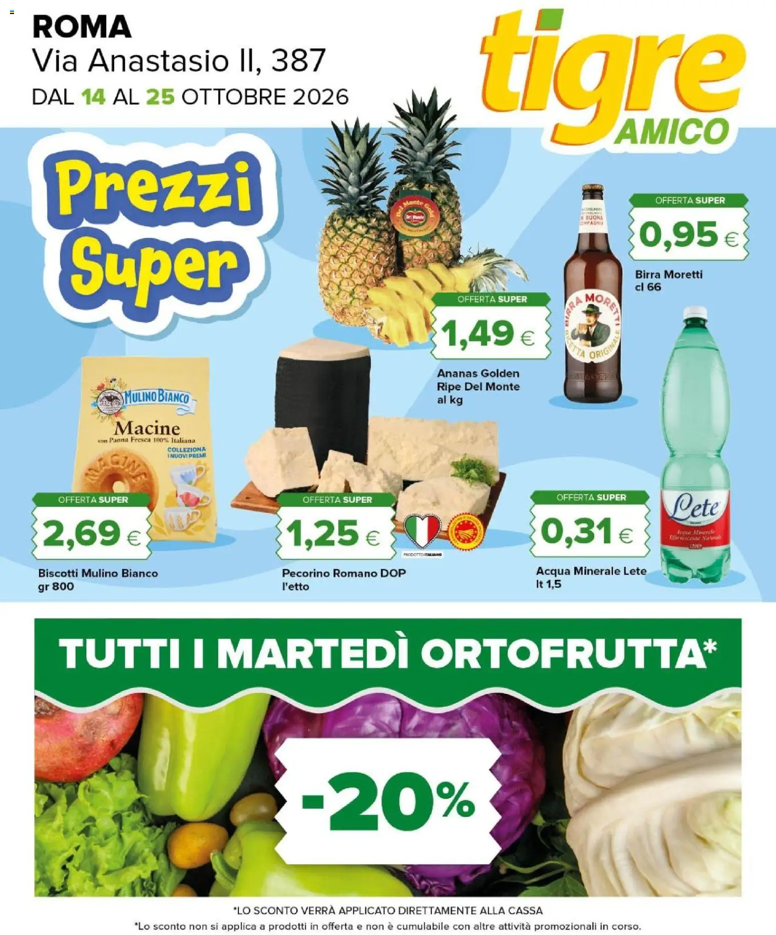 Volantino Tigre del 14/10/2026 | Pagina: 1 | Prodotti: Biscotti, Birra Moretti, Pecorino Romano, Pecorino